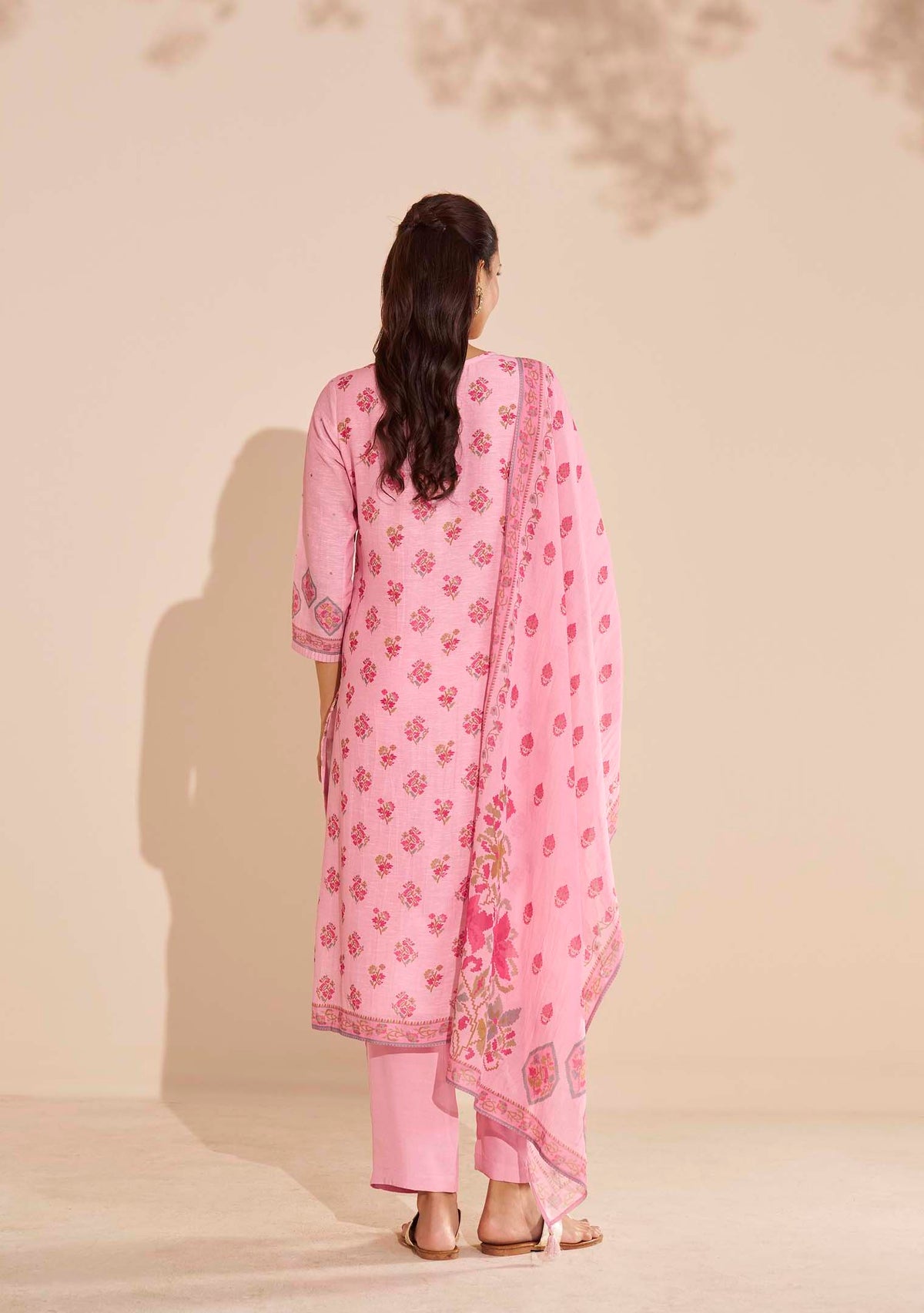 Pankhuri Pink Viscose-Linen Position-Print Kurta Set
