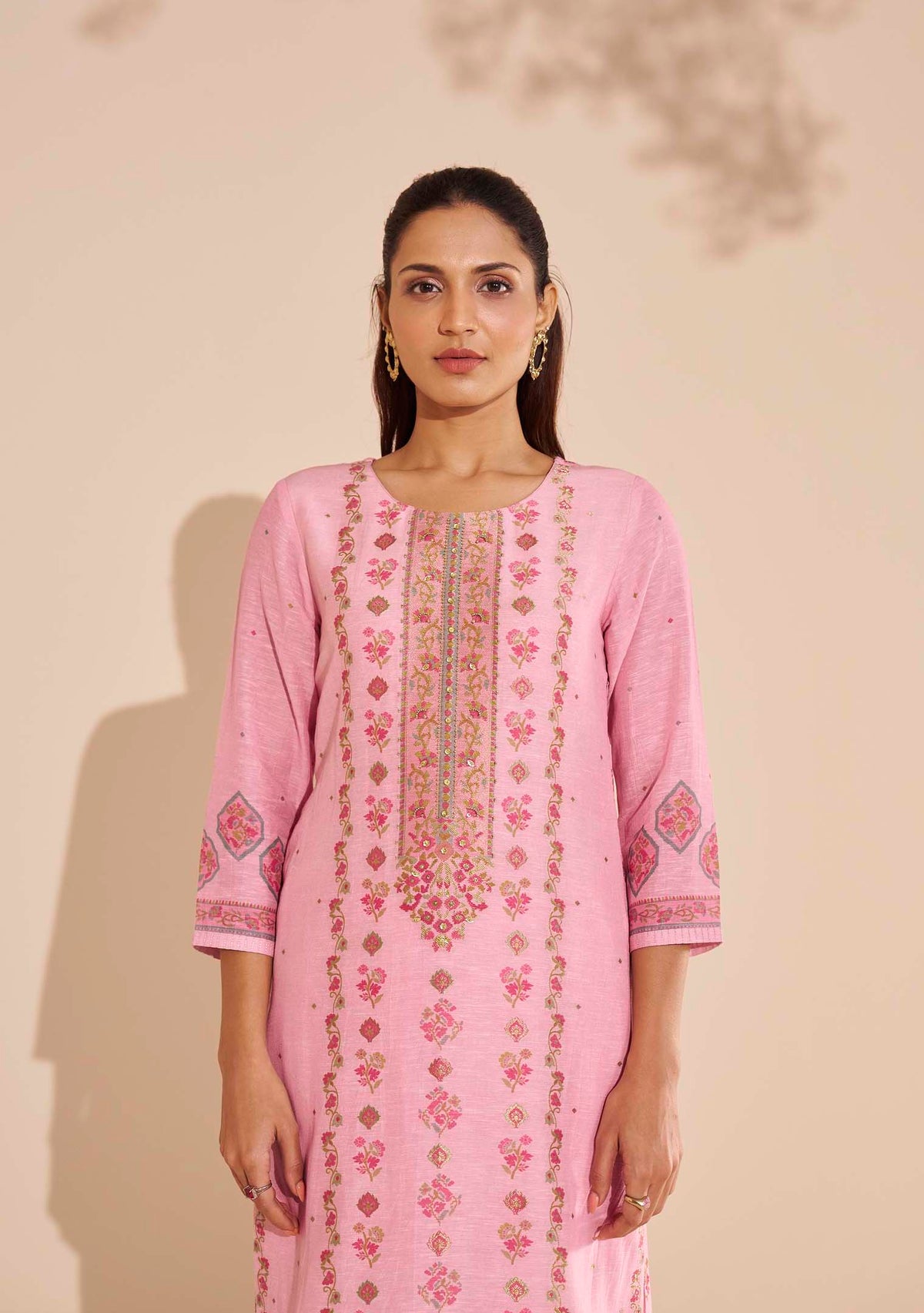 Pankhuri Pink Viscose-Linen Position-Print Kurta Set