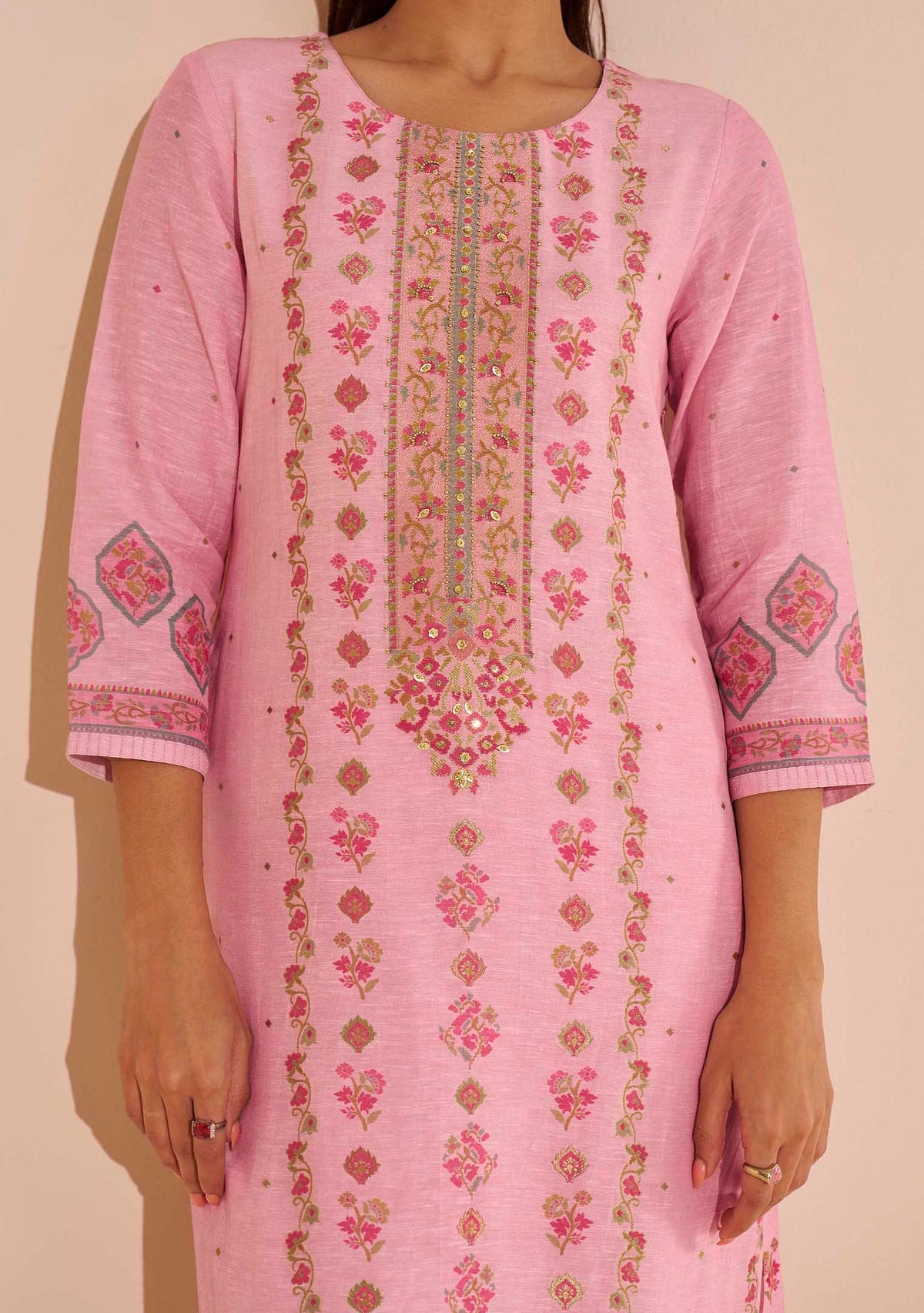 Pankhuri Pink Viscose-Linen Position-Print Kurta Set