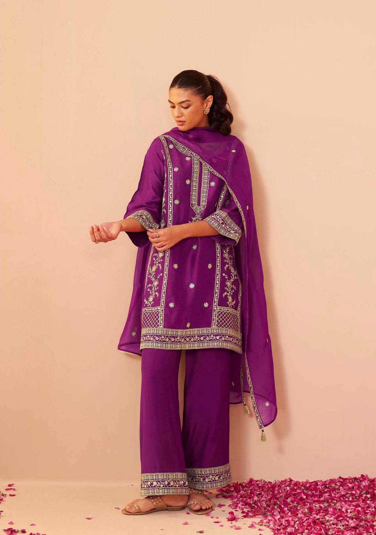 Amethyst Dola Silk Embroidered Short Kurti Set