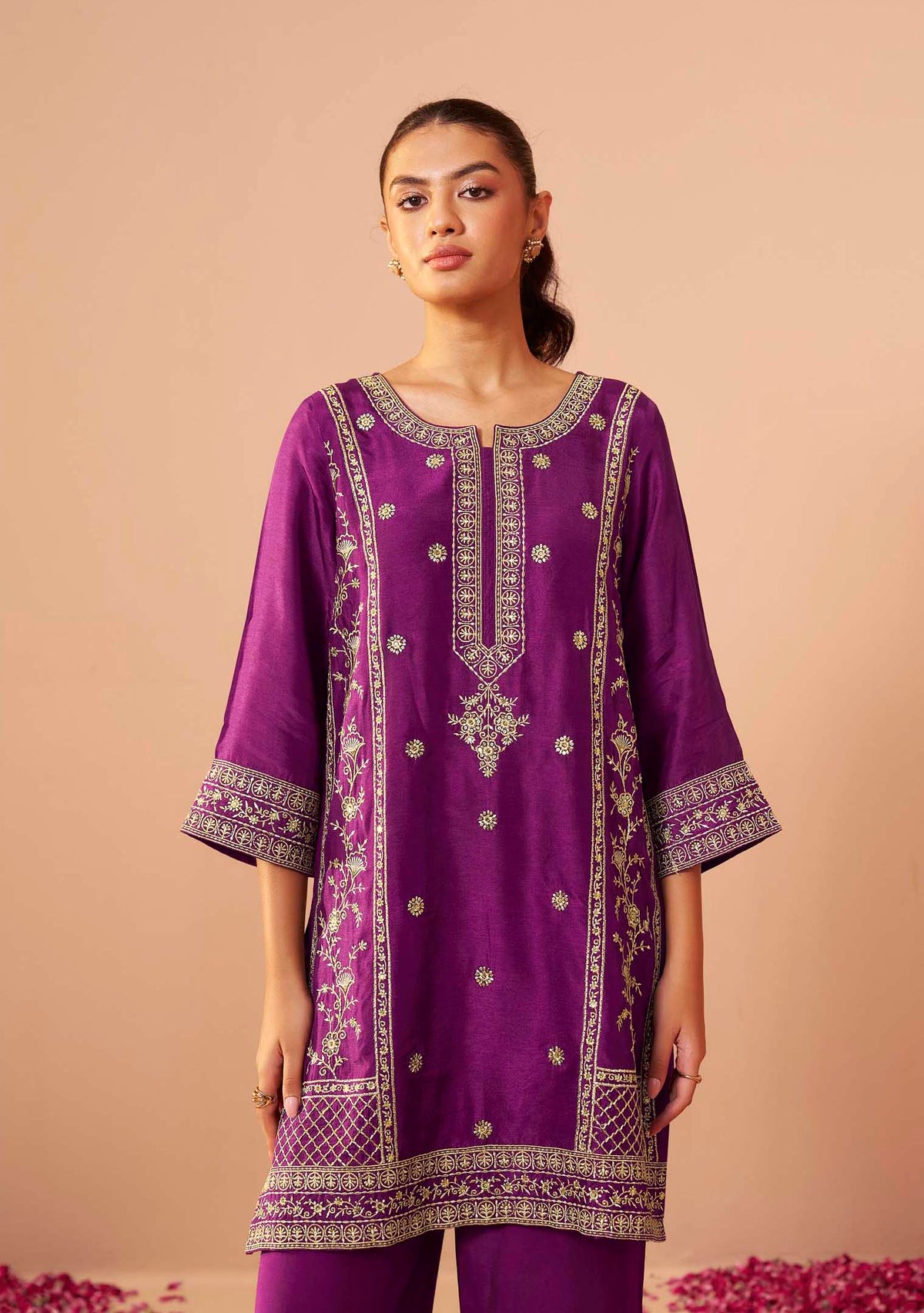 Amethyst Dola Silk Embroidered Short Kurti Set