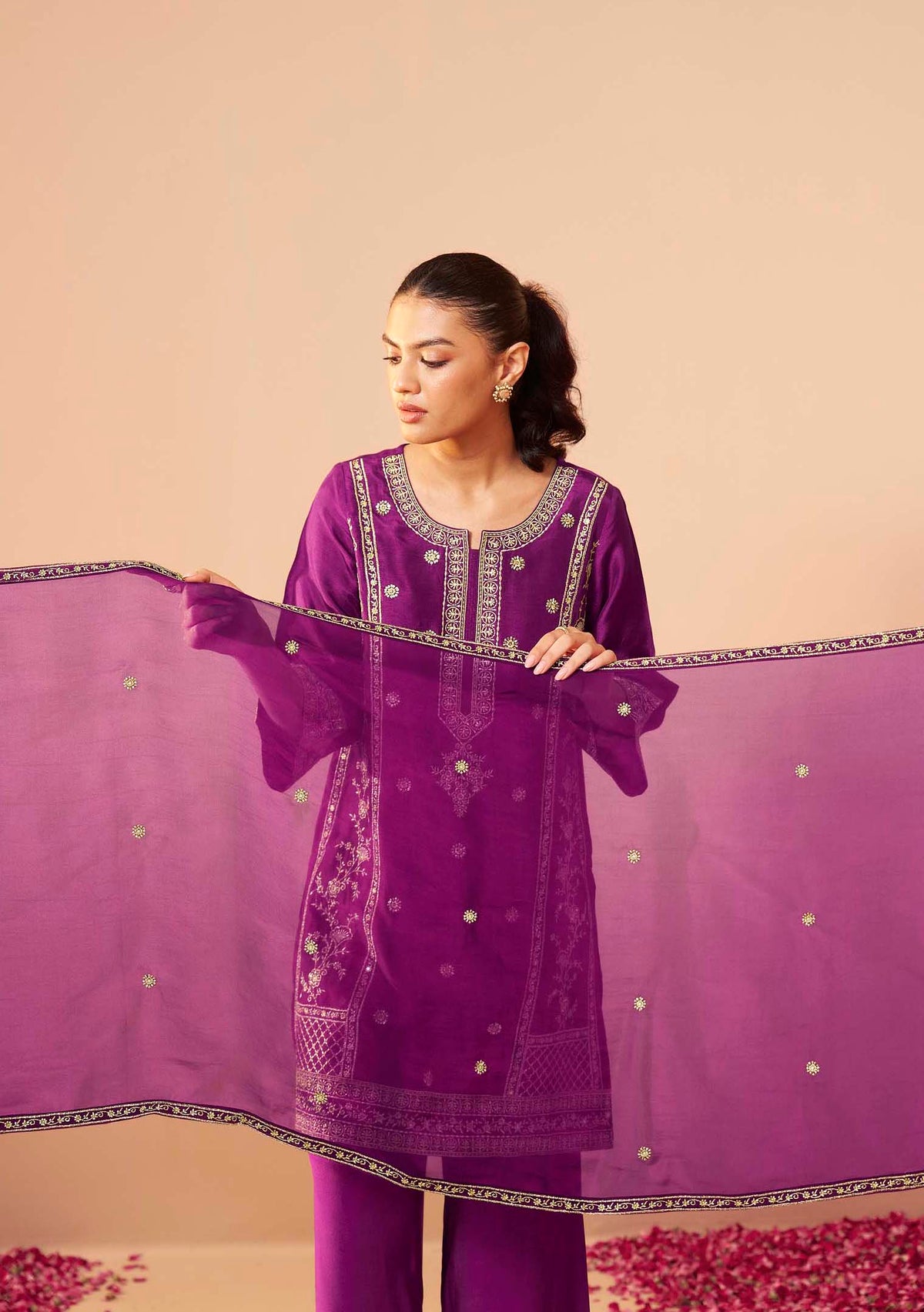 Amethyst Dola Silk Embroidered Short Kurti Set