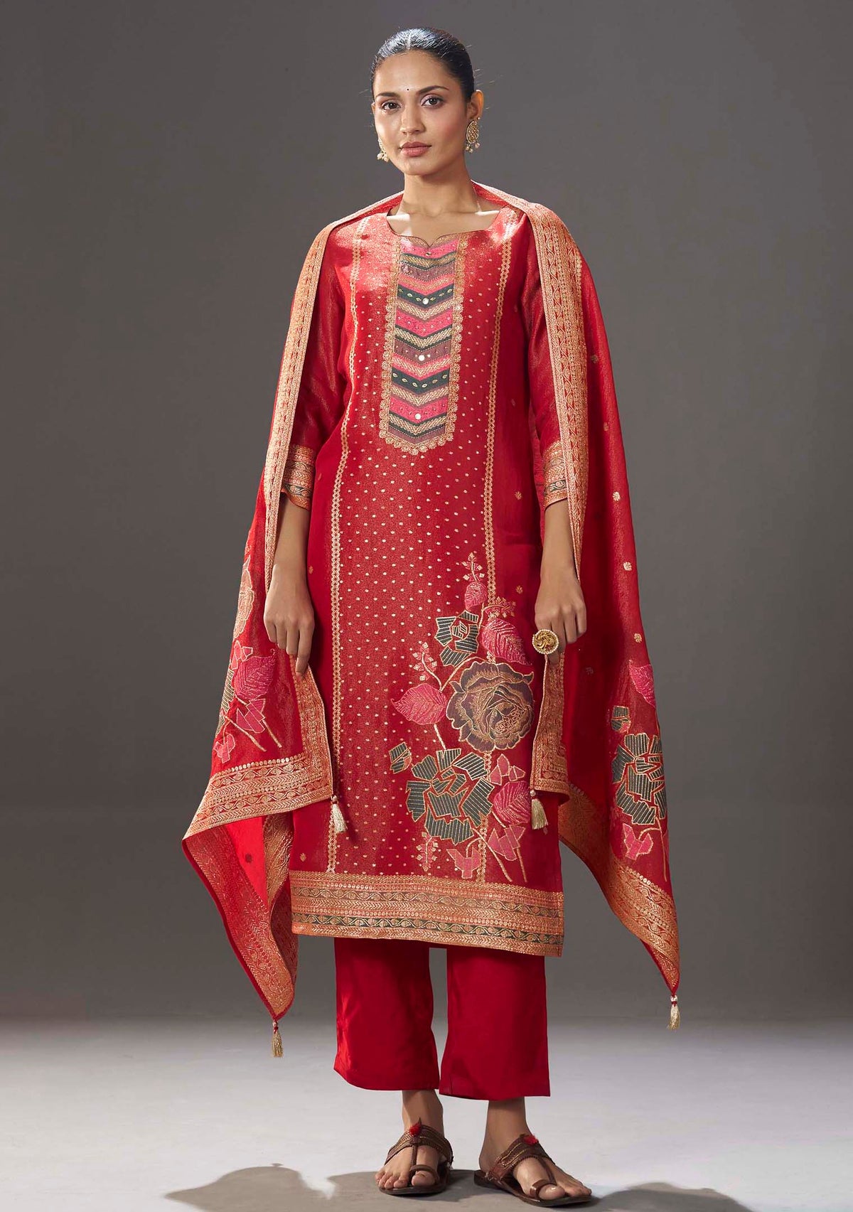 Kumud Red Tissue-Organza Meena-Jacquard Kurta Set