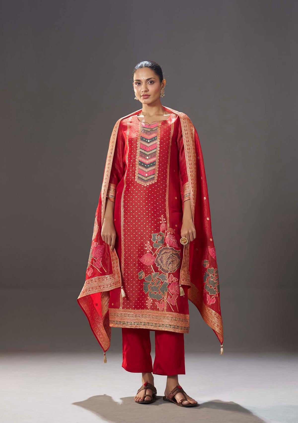 Kumud Red Tissue-Organza Meena-Jacquard Kurta Set