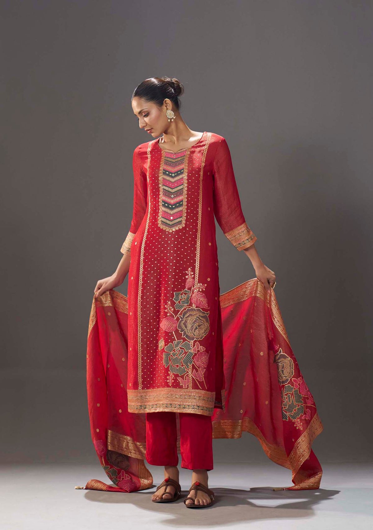 Kumud Red Tissue-Organza Meena-Jacquard Kurta Set