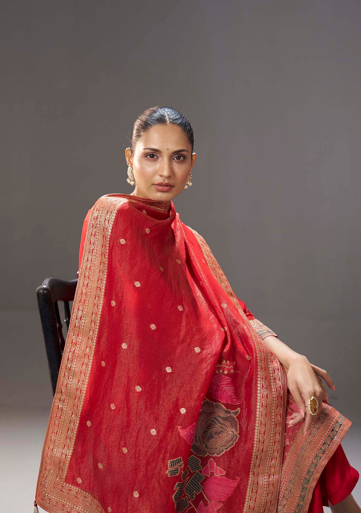 Kumud Red Tissue-Organza Meena-Jacquard Kurta Set