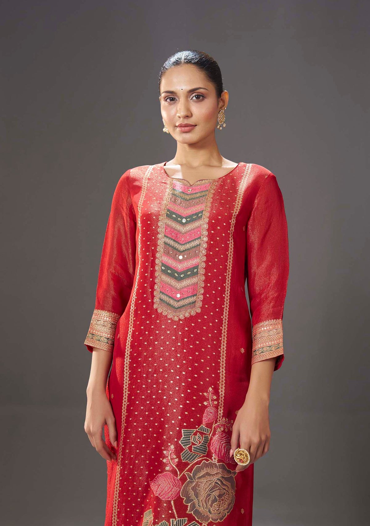 Kumud Red Tissue-Organza Meena-Jacquard Kurta Set