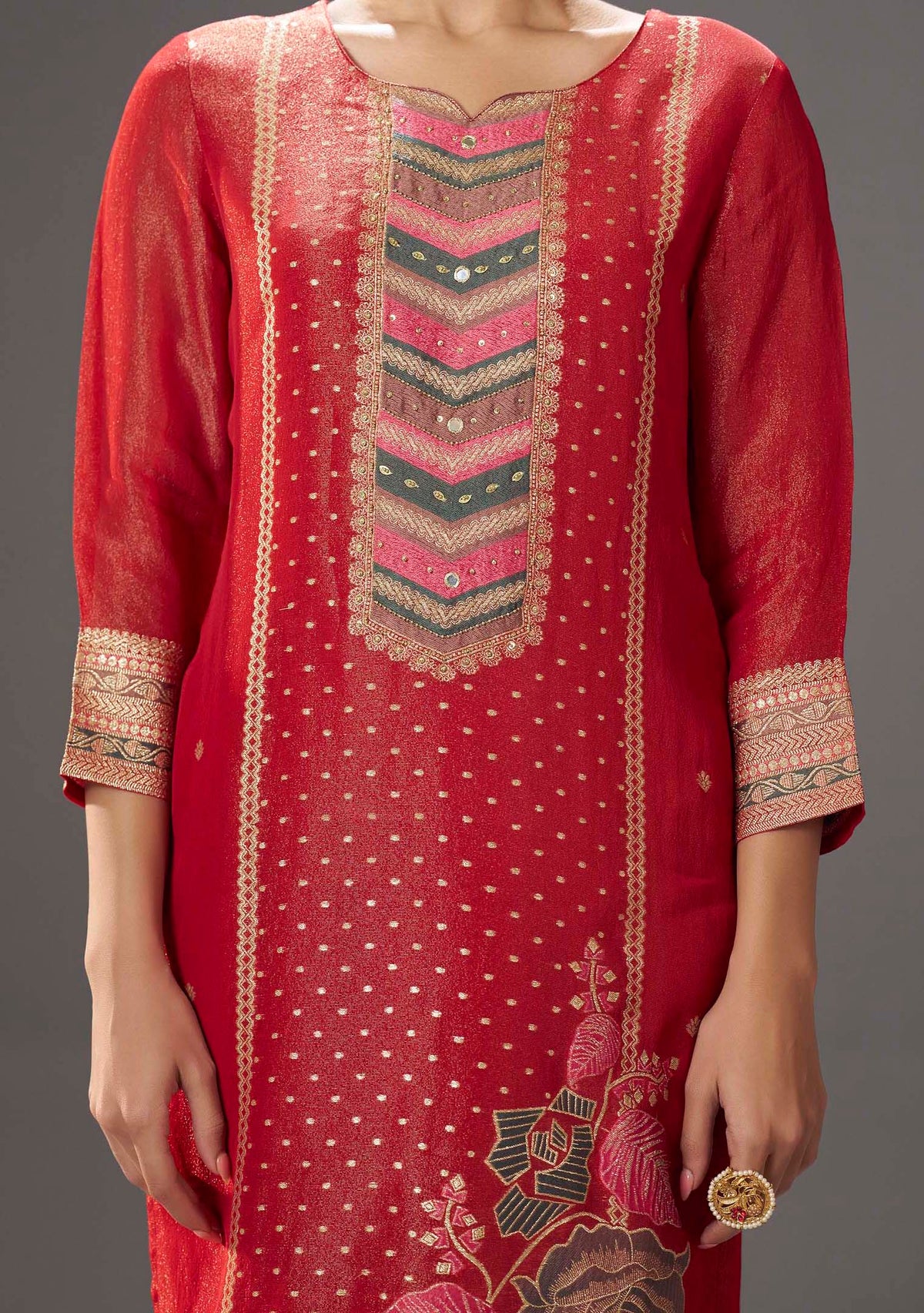 Kumud Red Tissue-Organza Meena-Jacquard Kurta Set