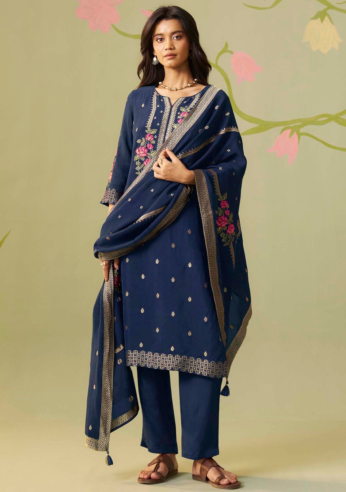 Aasma Blue Dola Silk Meena-Jacquard Kurta Set