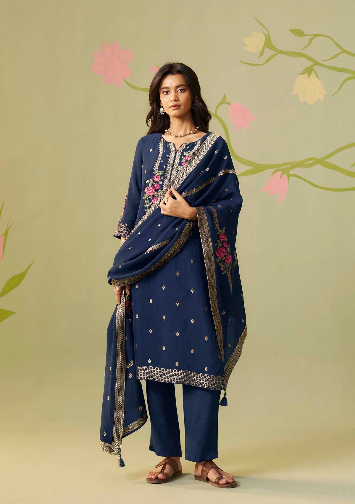 Aasma Blue Dola Silk Meena-Jacquard Kurta Set