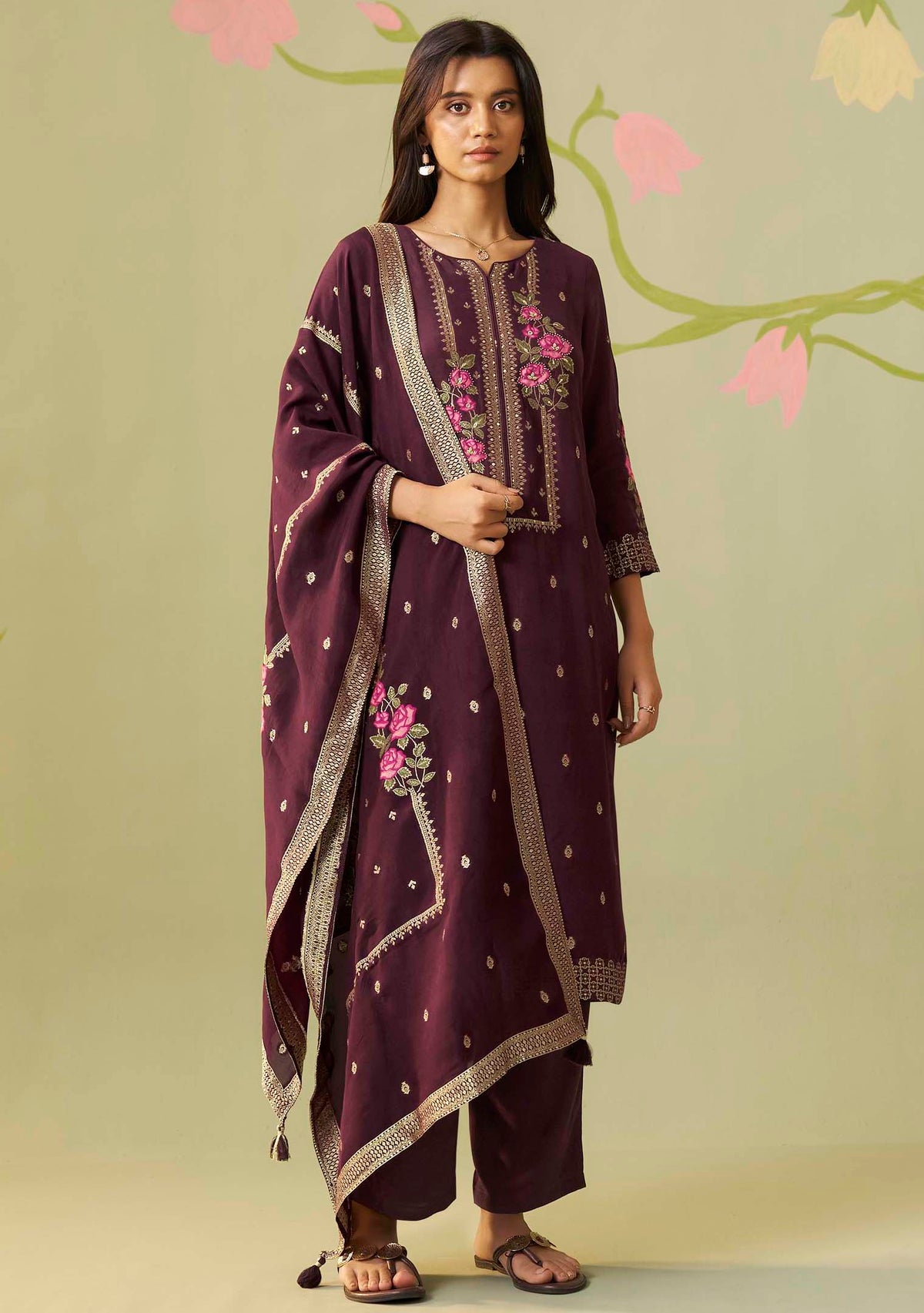 Gulnaar Wine Dola Silk Meena-Jacquard Kurta Set