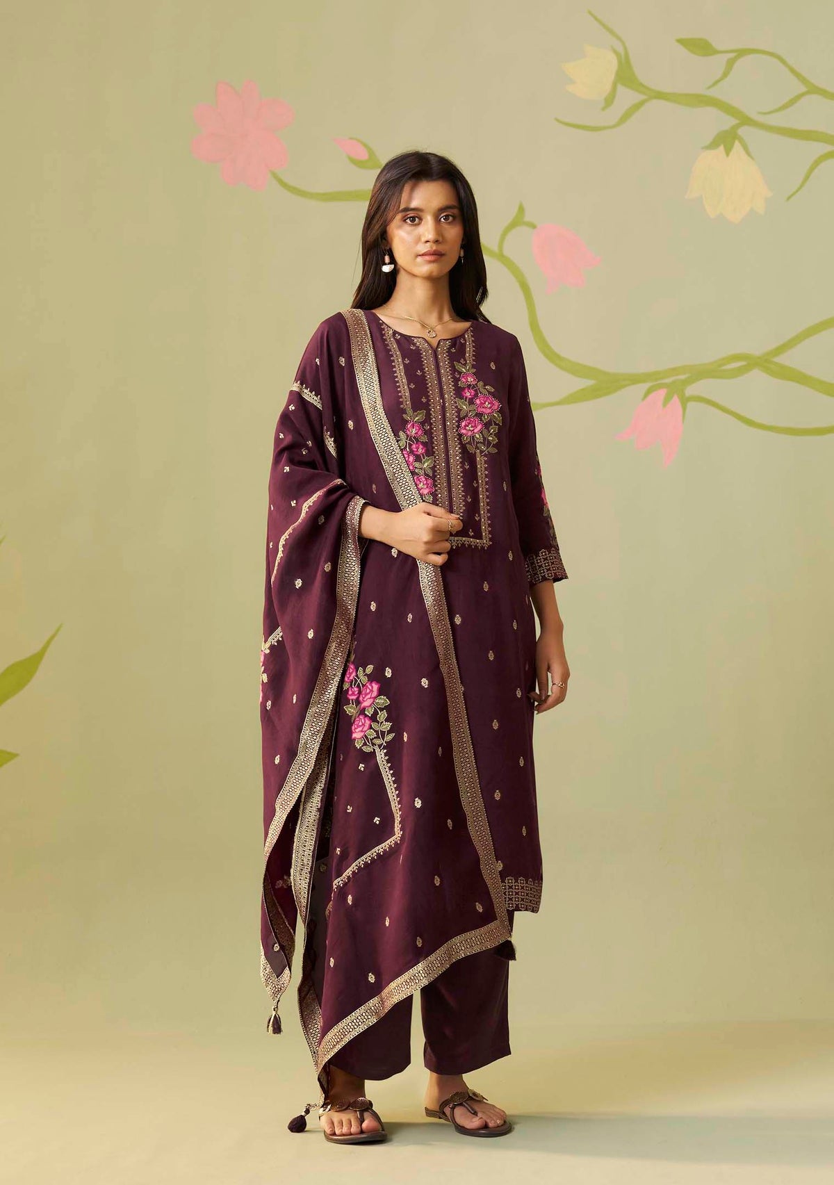 Gulnaar Wine Dola Silk Meena-Jacquard Kurta Set