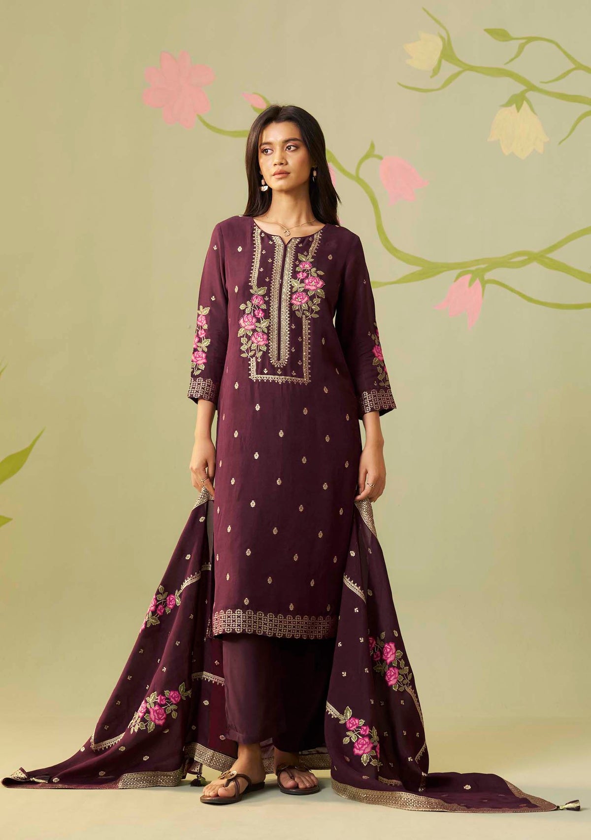 Gulnaar Wine Dola Silk Meena-Jacquard Kurta Set