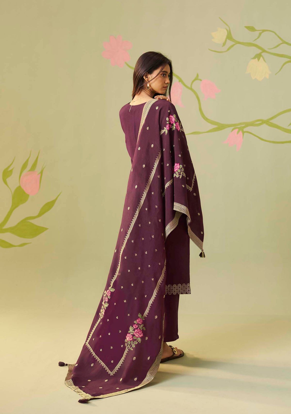 Gulnaar Wine Dola Silk Meena-Jacquard Kurta Set