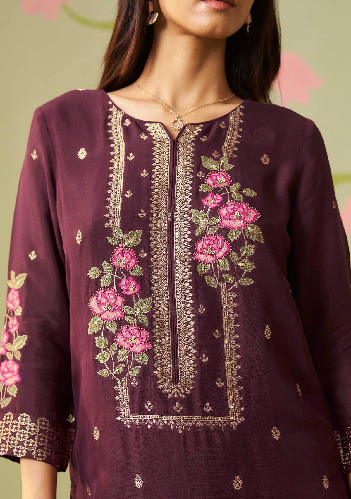 Gulnaar Wine Dola Silk Meena-Jacquard Kurta Set