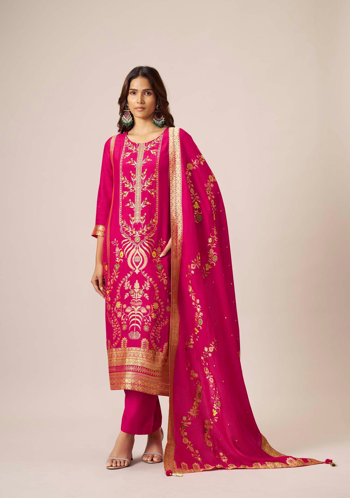 Rani Pink Dola Silk Multi Meena Jacquard Straight Kurta Set | Handwork Yoke
