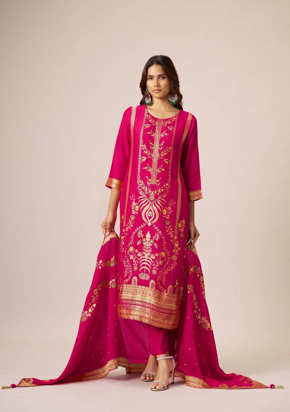 Rani Pink Dola Silk Multi Meena Jacquard Straight Kurta Set | Handwork Yoke