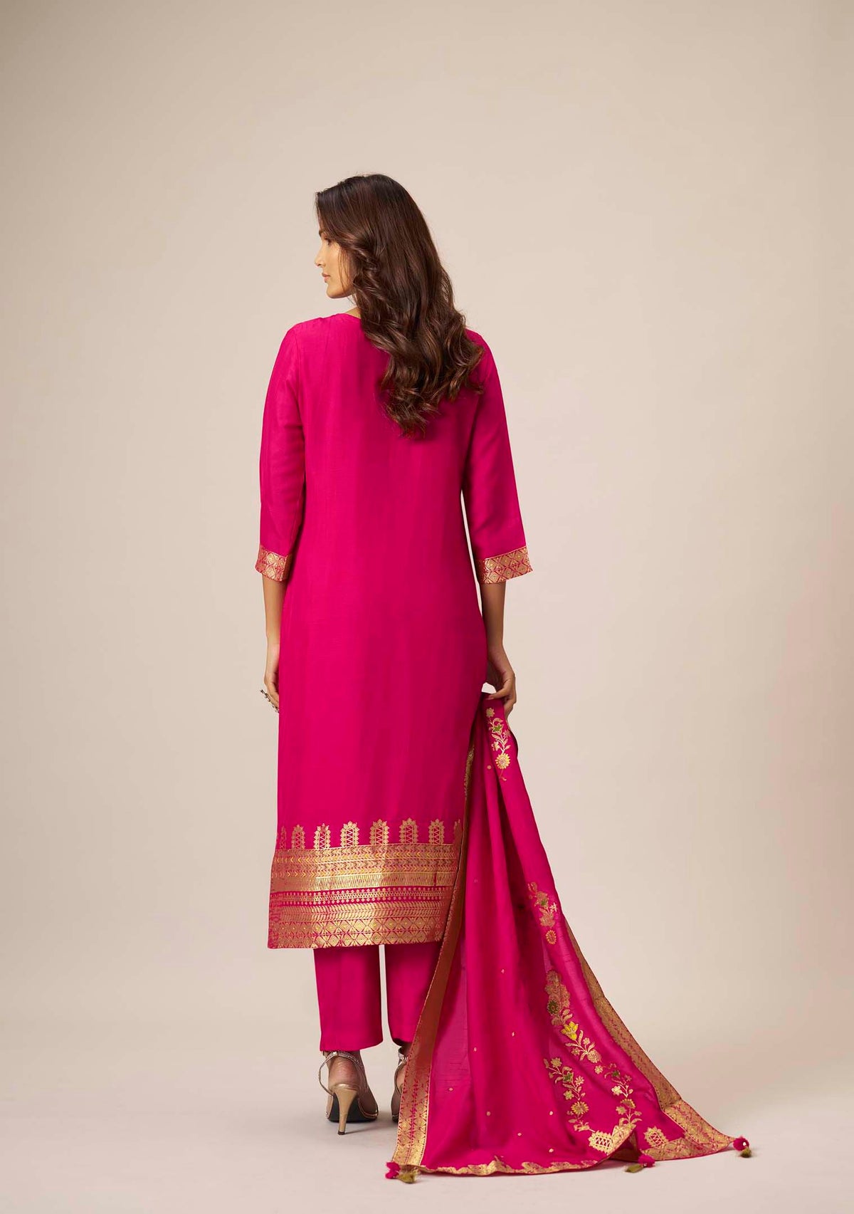 Rani Pink Dola Silk Multi Meena Jacquard Straight Kurta Set | Handwork Yoke