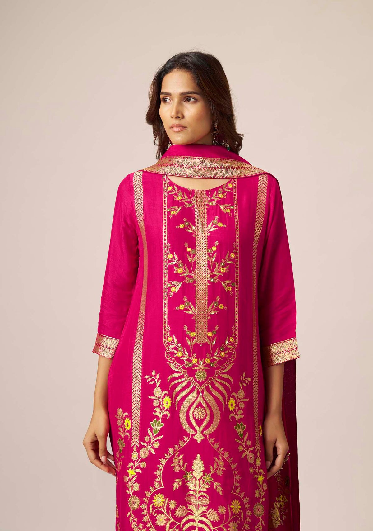 Rani Pink Dola Silk Multi Meena Jacquard Straight Kurta Set | Handwork Yoke