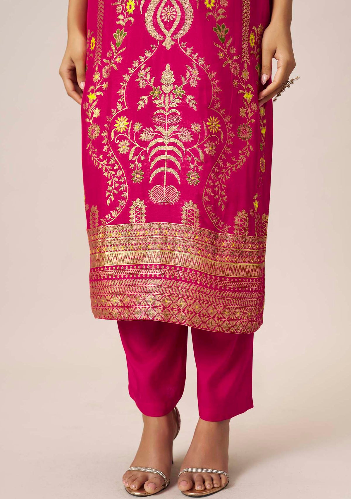 Rani Pink Dola Silk Multi Meena Jacquard Straight Kurta Set | Handwork Yoke