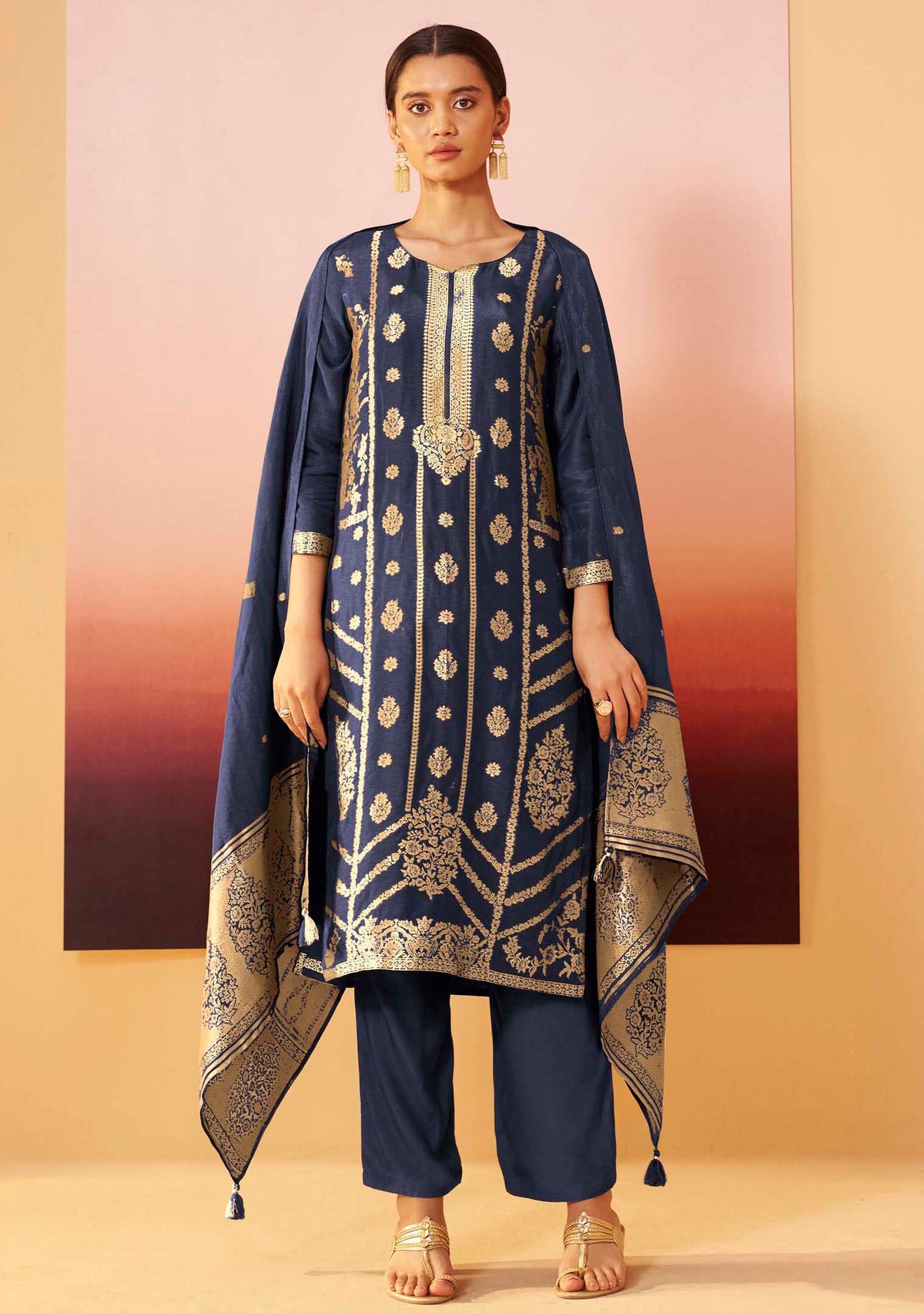 Navy Blue Dola Silk Jacquard Straight Kurta Set | Zari Woven 3-Piece | Festive 2026