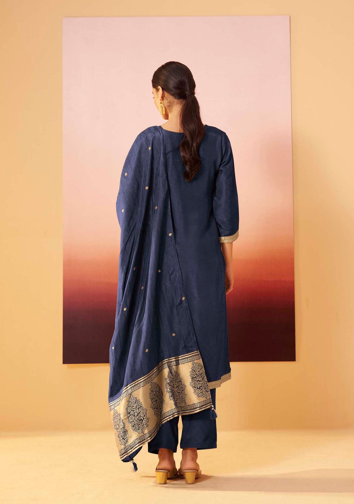 Navy Blue Dola Silk Jacquard Straight Kurta Set | Zari Woven 3-Piece | Festive 2026