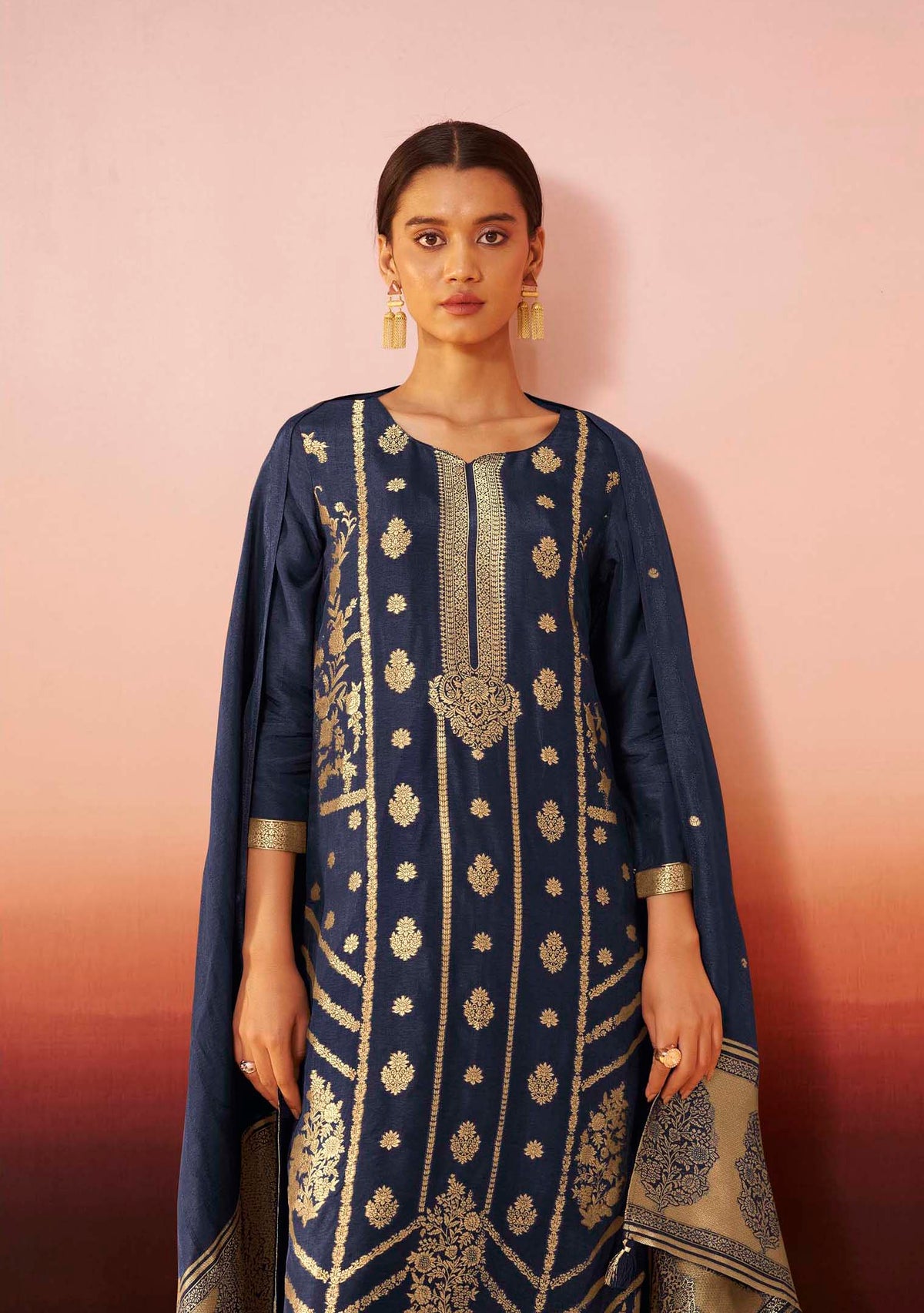 Navy Blue Dola Silk Jacquard Straight Kurta Set | Zari Woven 3-Piece | Festive 2026