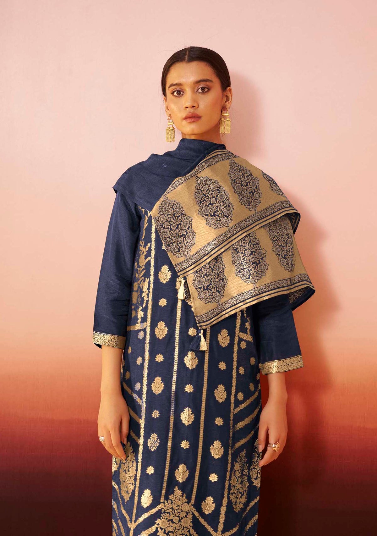 Navy Blue Dola Silk Jacquard Straight Kurta Set | Zari Woven 3-Piece | Festive 2026