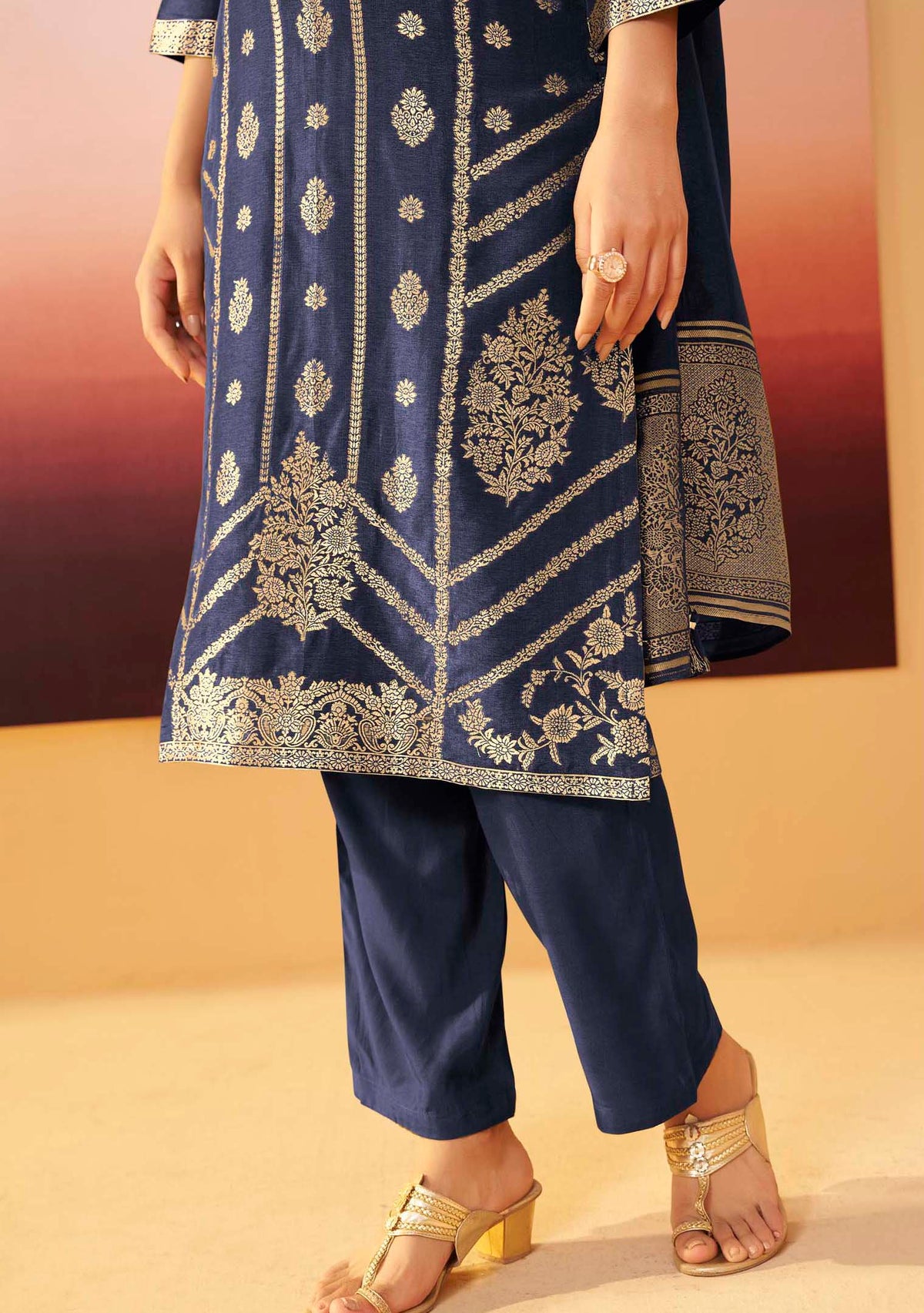 Navy Blue Dola Silk Jacquard Straight Kurta Set | Zari Woven 3-Piece | Festive 2026