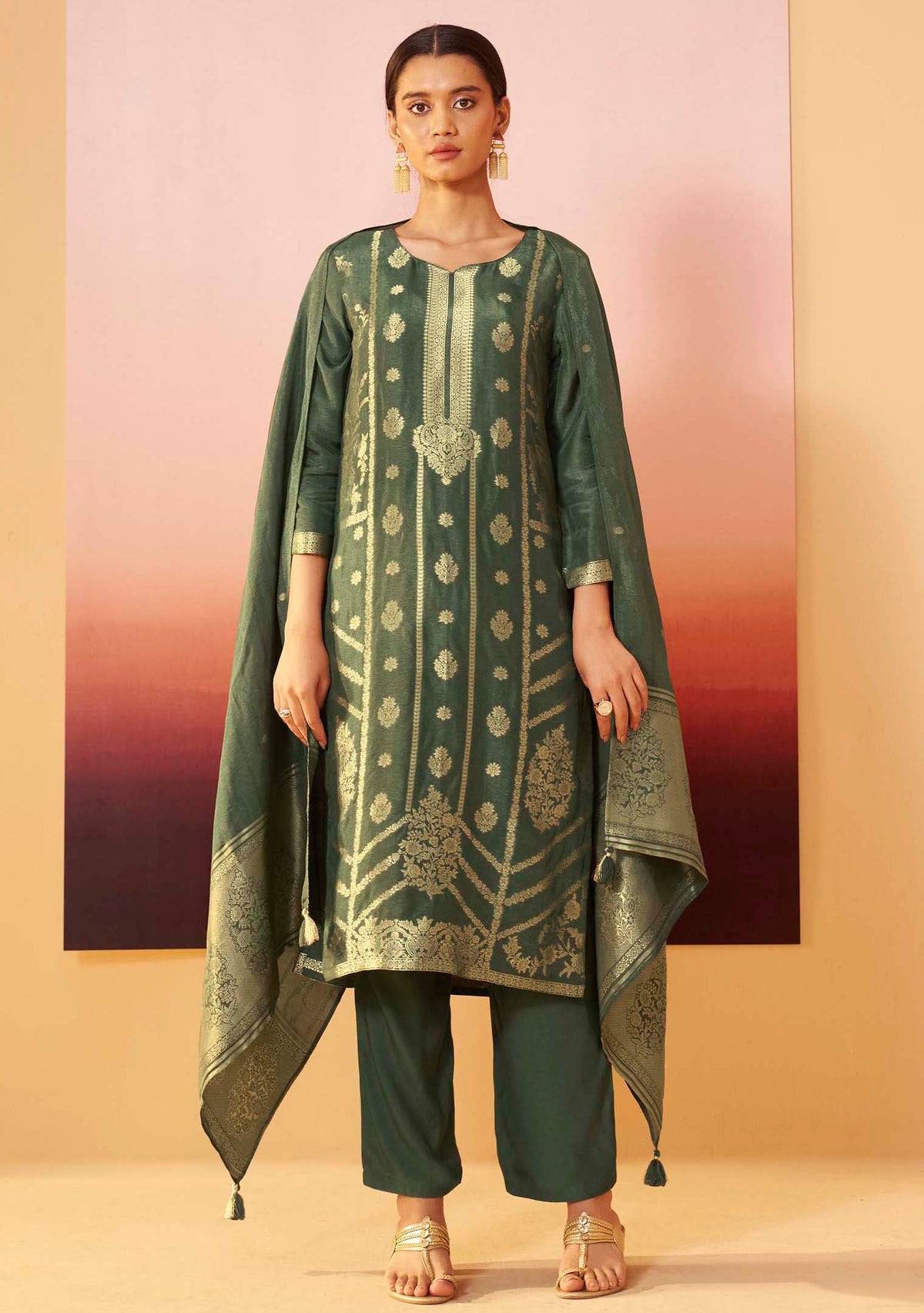 Rangrez Cream Dola Silk Handwork Kurta Set