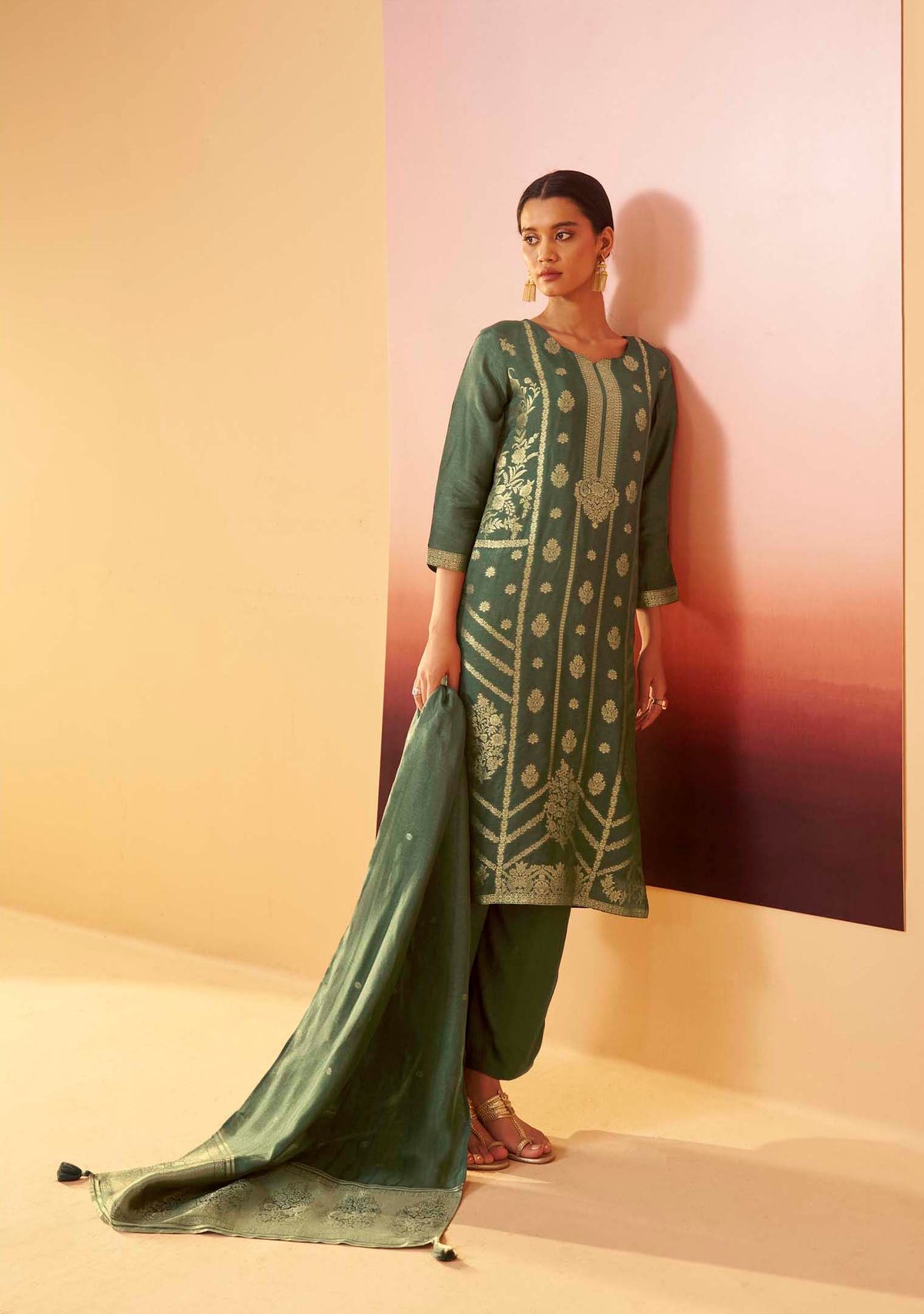 Rangrez Cream Dola Silk Handwork Kurta Set