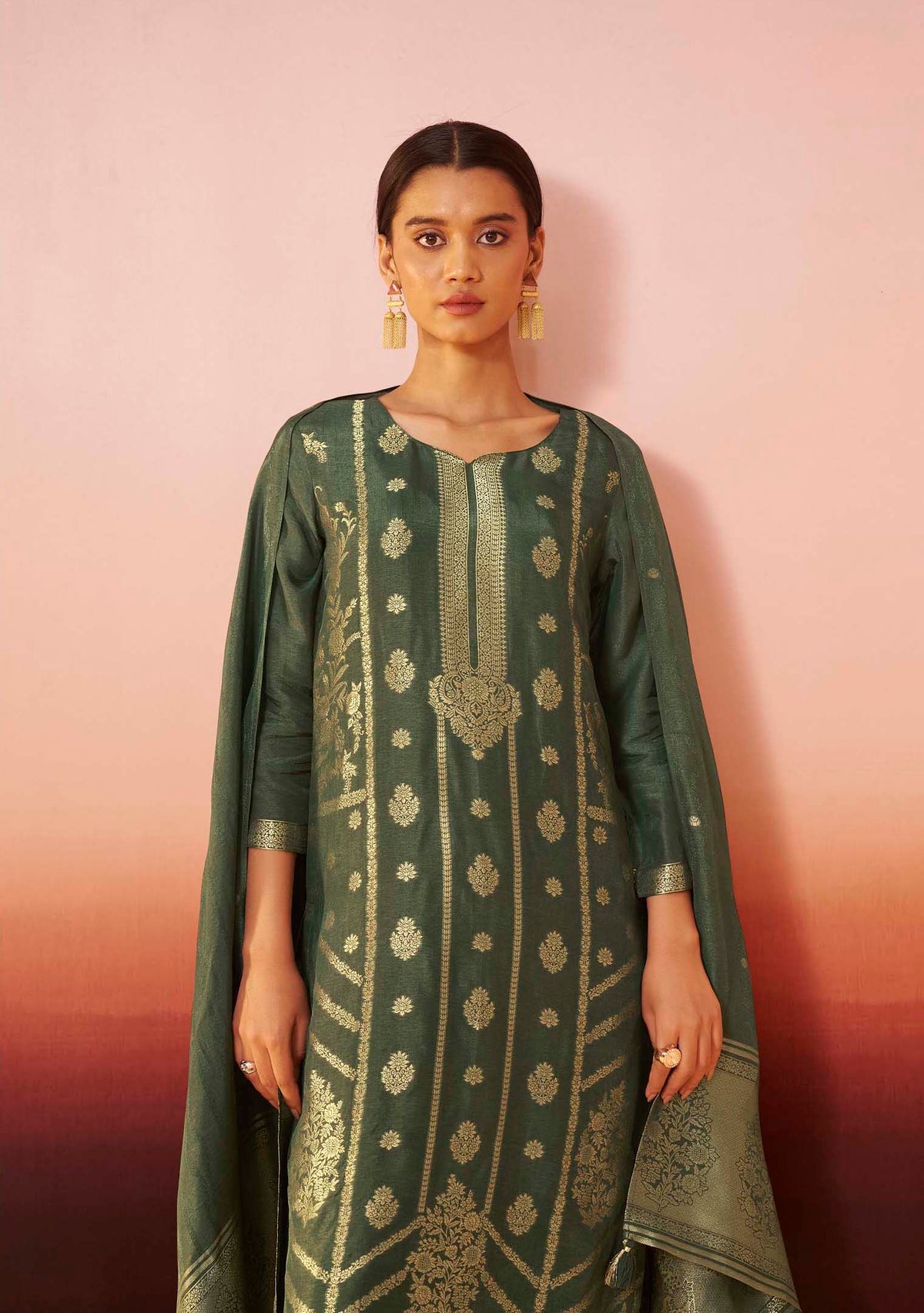 Rangrez Cream Dola Silk Handwork Kurta Set