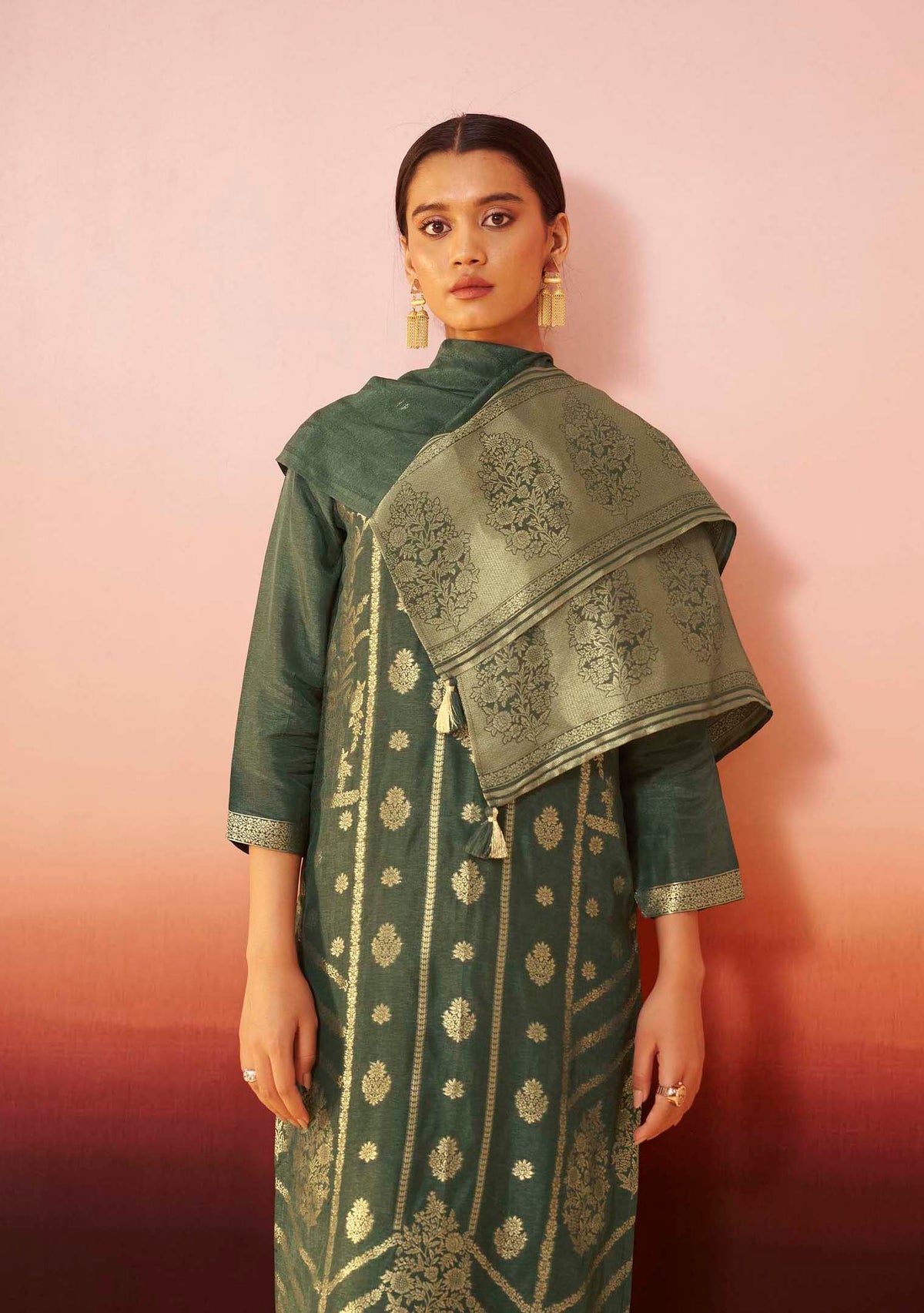 Rangrez Cream Dola Silk Handwork Kurta Set