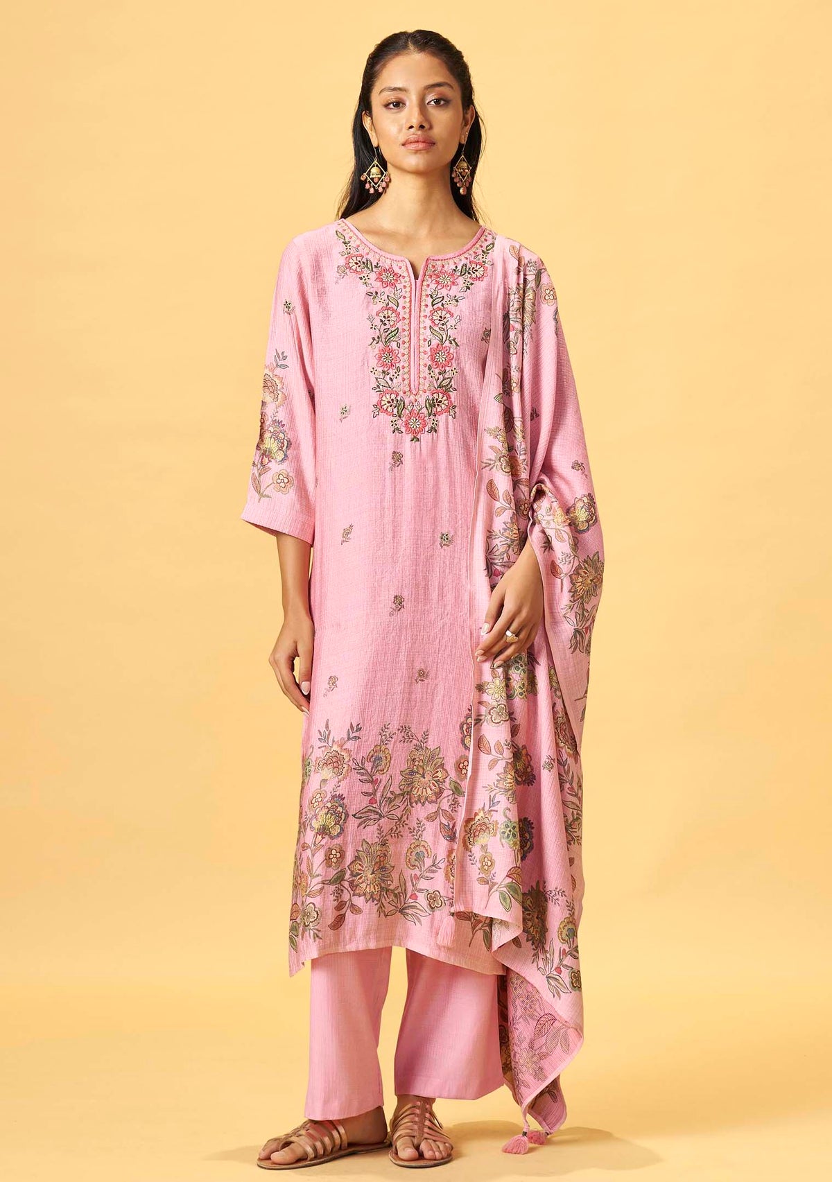 Pink Viscose Floral Digital Print Straight Kurta Set | Thread Embroidery Yoke | 3-Piece | Festive 2026