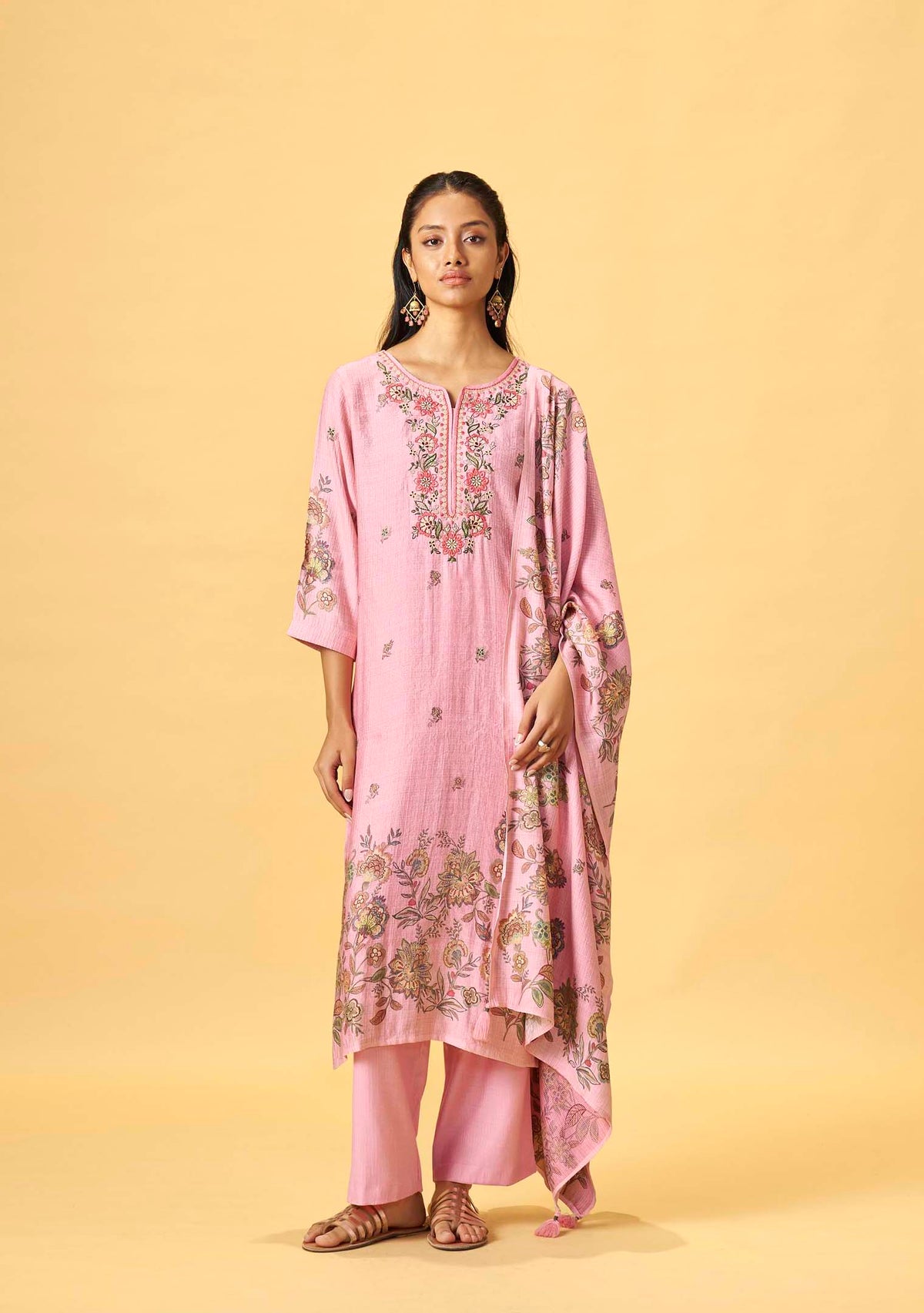 Pink Viscose Floral Digital Print Straight Kurta Set | Thread Embroidery Yoke | 3-Piece | Festive 2026