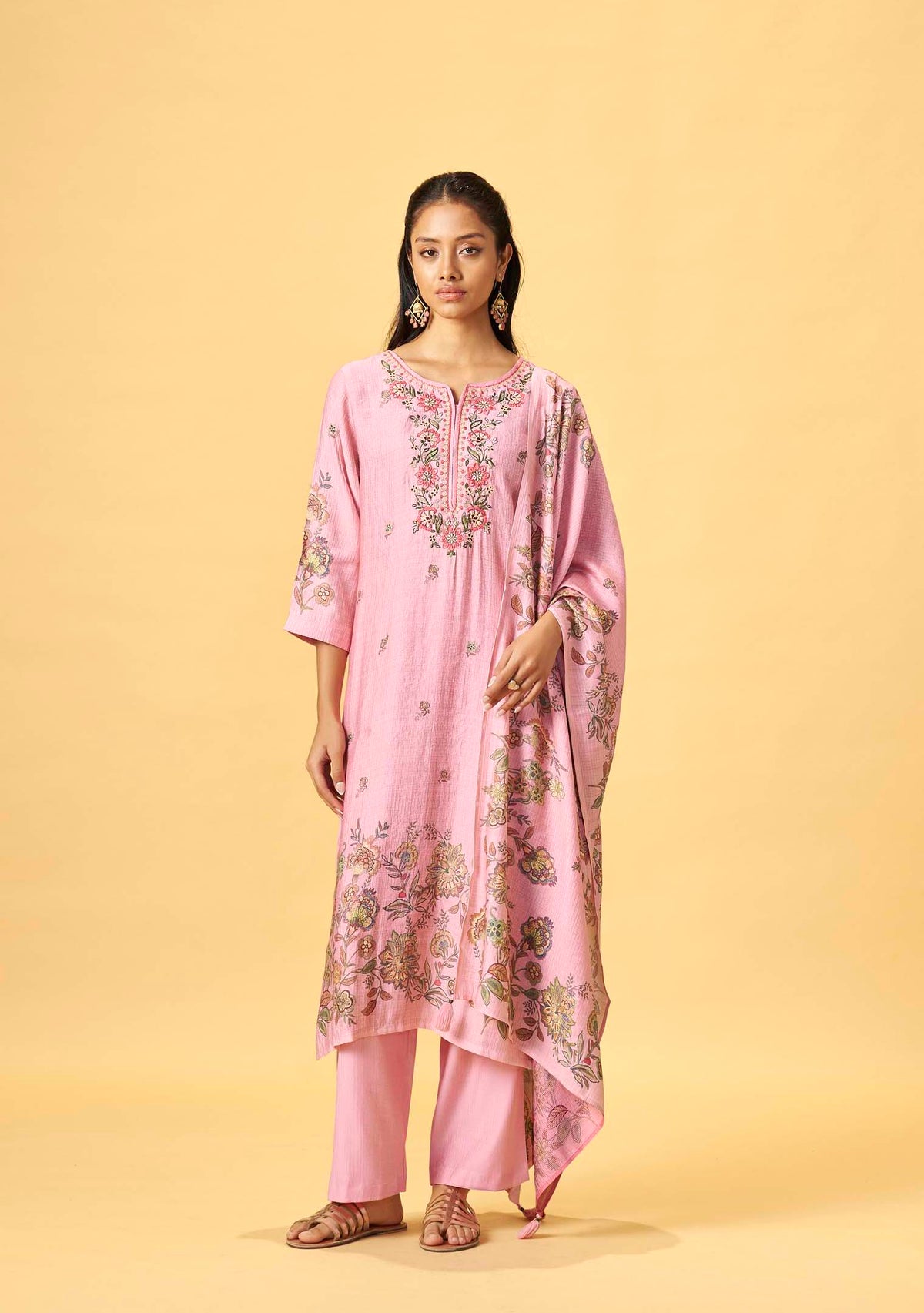 Pink Viscose Floral Digital Print Straight Kurta Set | Thread Embroidery Yoke | 3-Piece | Festive 2026
