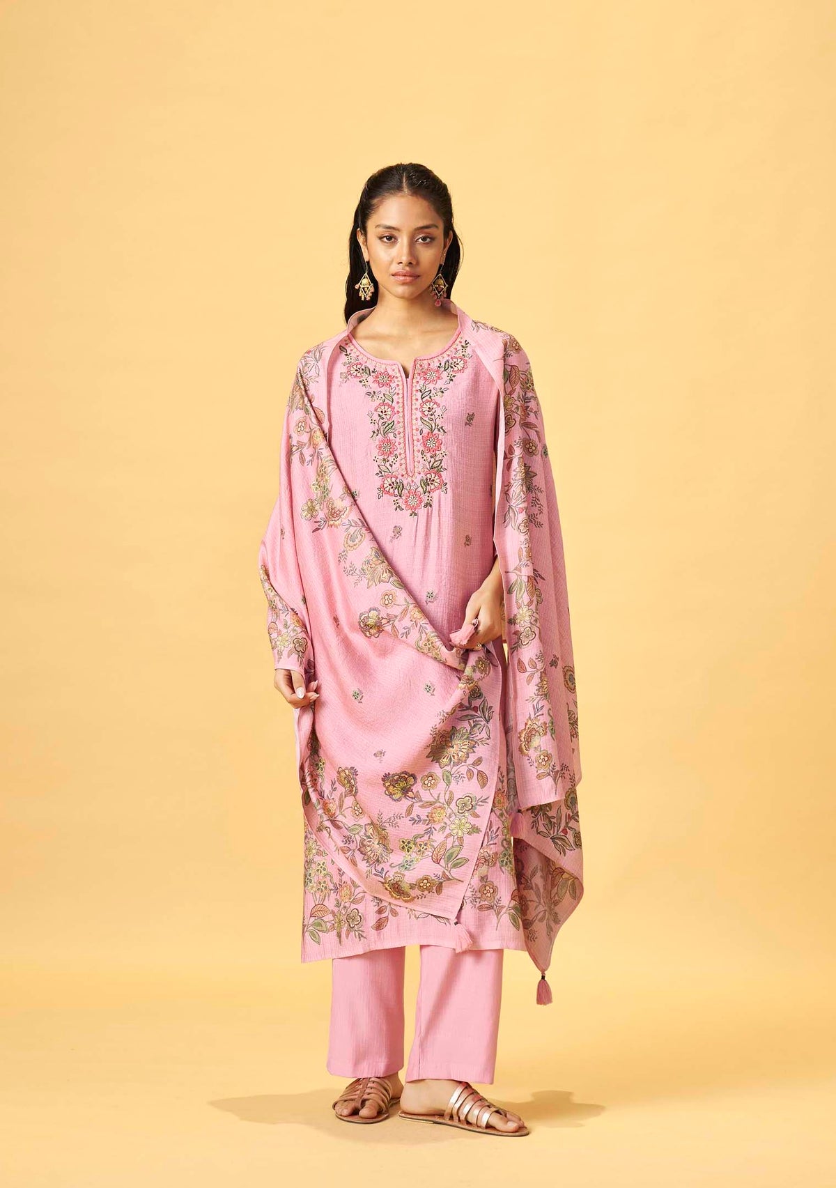 Pink Viscose Floral Digital Print Straight Kurta Set | Thread Embroidery Yoke | 3-Piece | Festive 2026