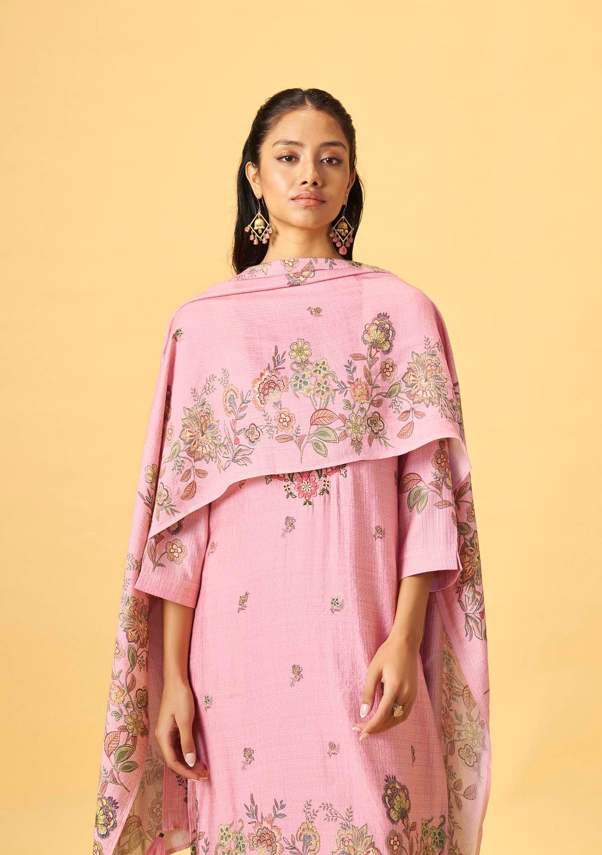 Pink Viscose Floral Digital Print Straight Kurta Set | Thread Embroidery Yoke | 3-Piece | Festive 2026
