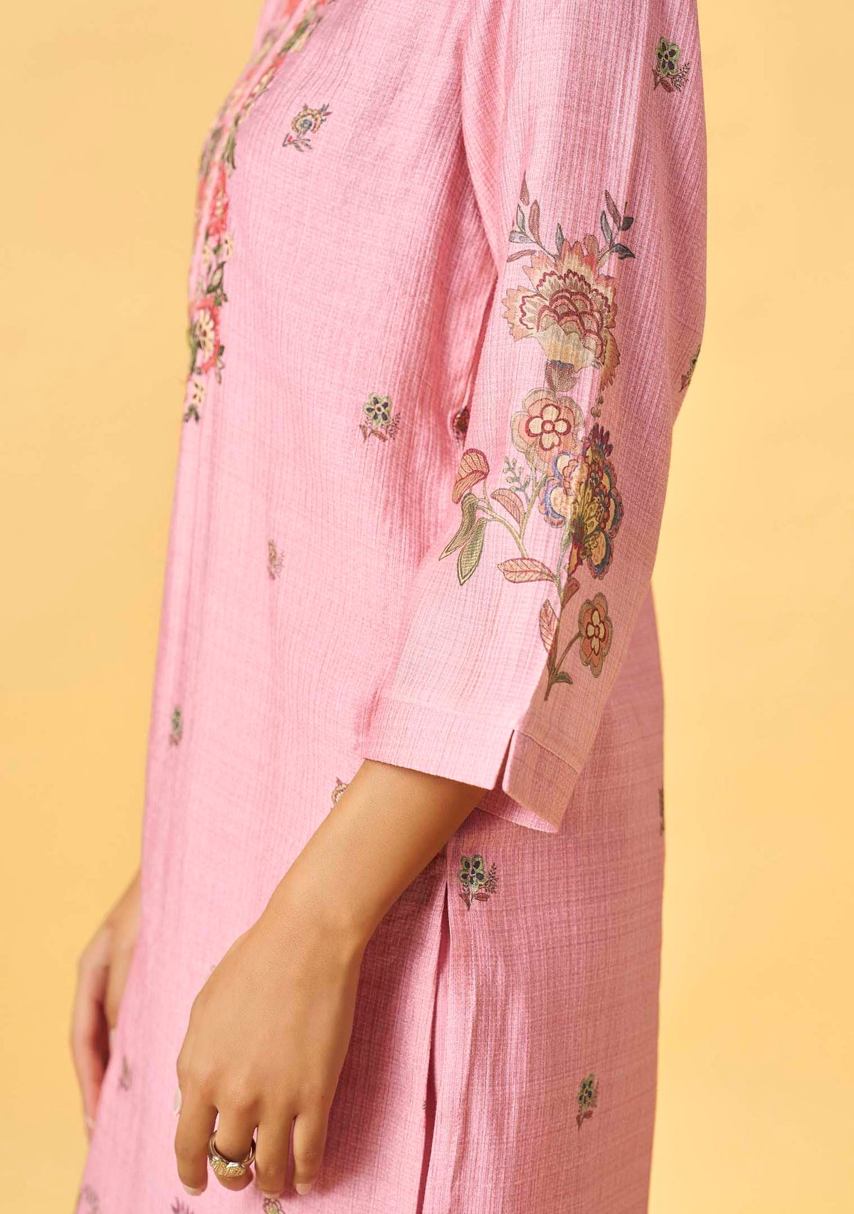 Pink Viscose Floral Digital Print Straight Kurta Set | Thread Embroidery Yoke | 3-Piece | Festive 2026