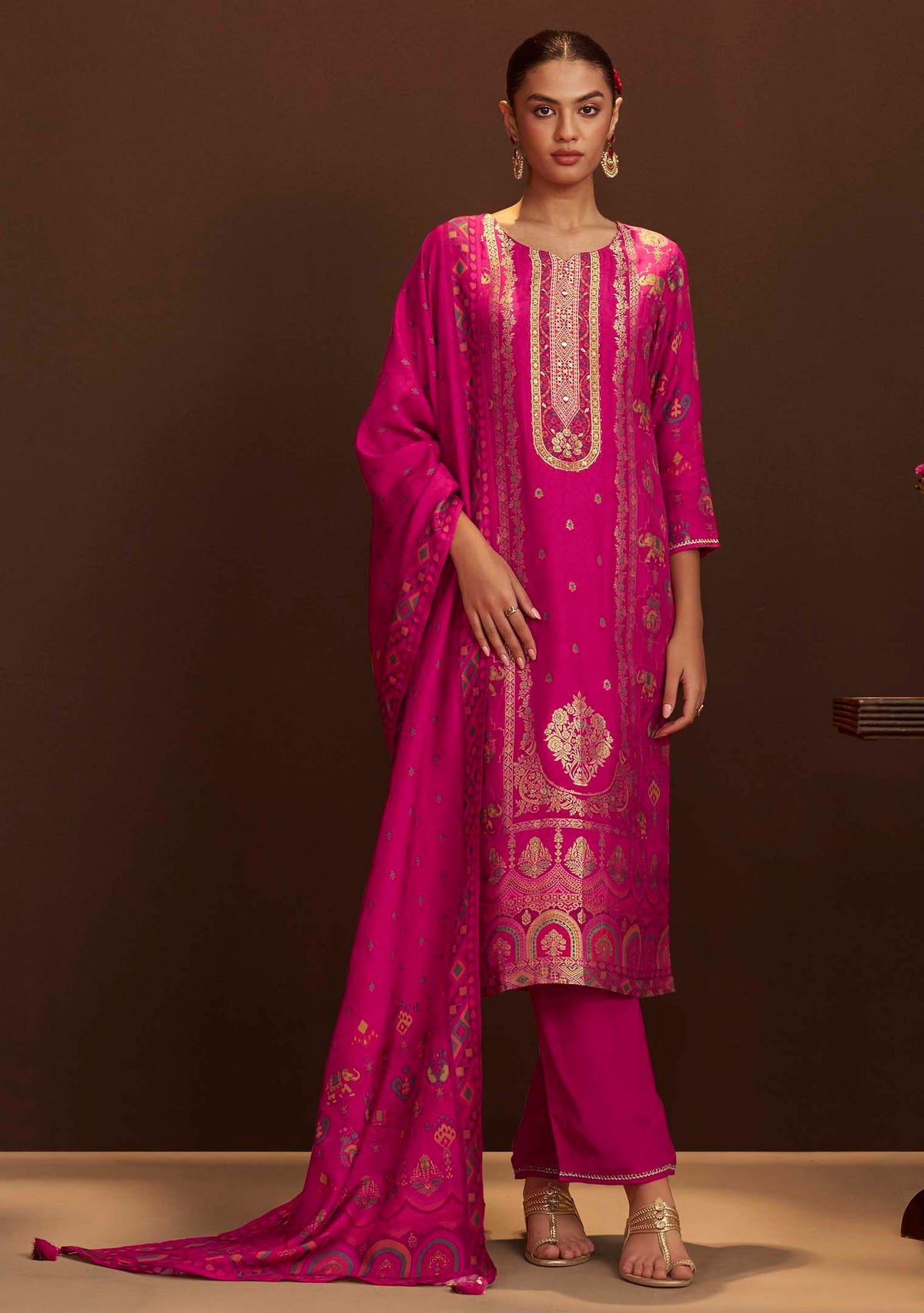 Rani Aarzoo Position-Print Dola Silk Kurta Set