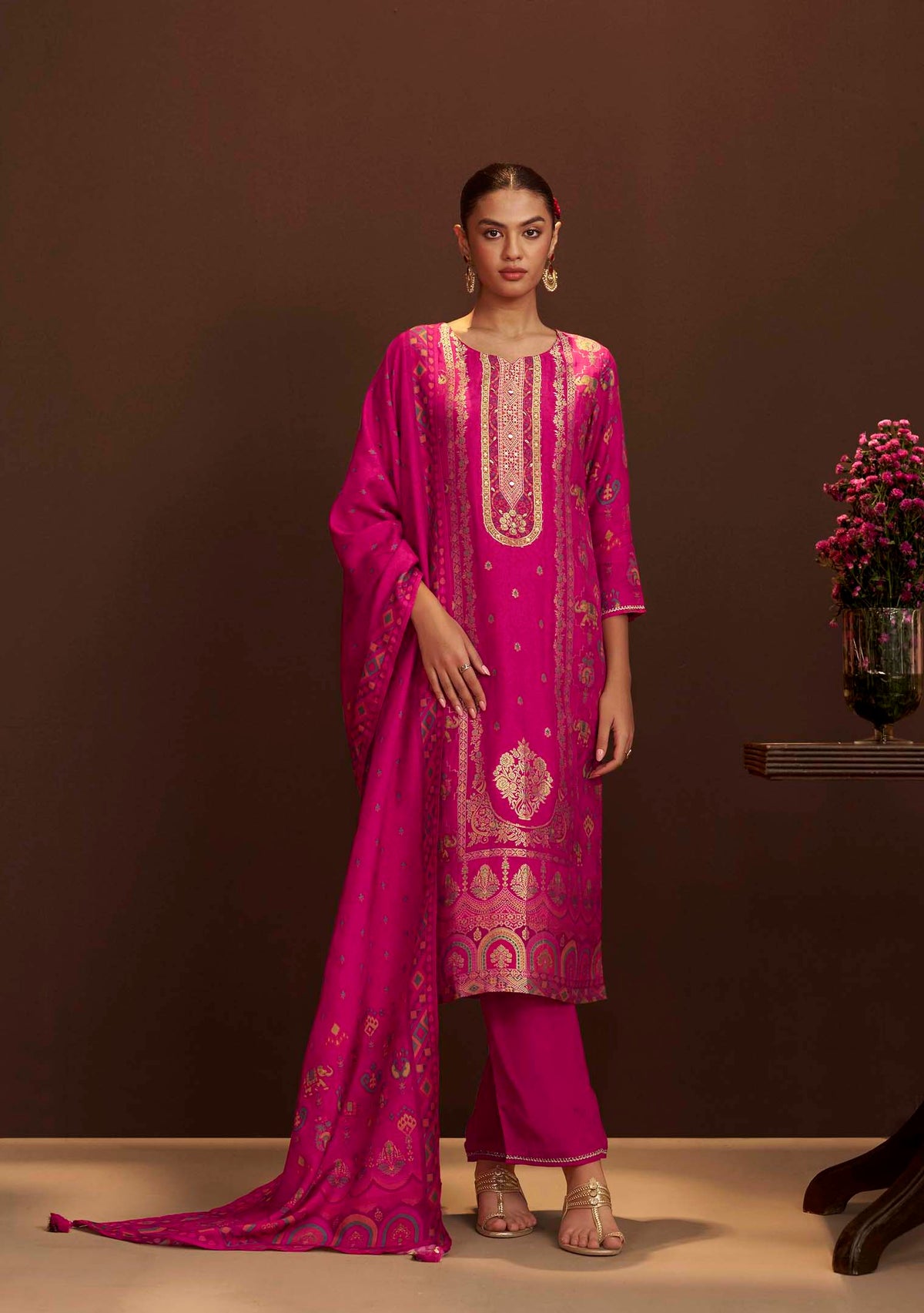 Rani Aarzoo Position-Print Dola Silk Kurta Set