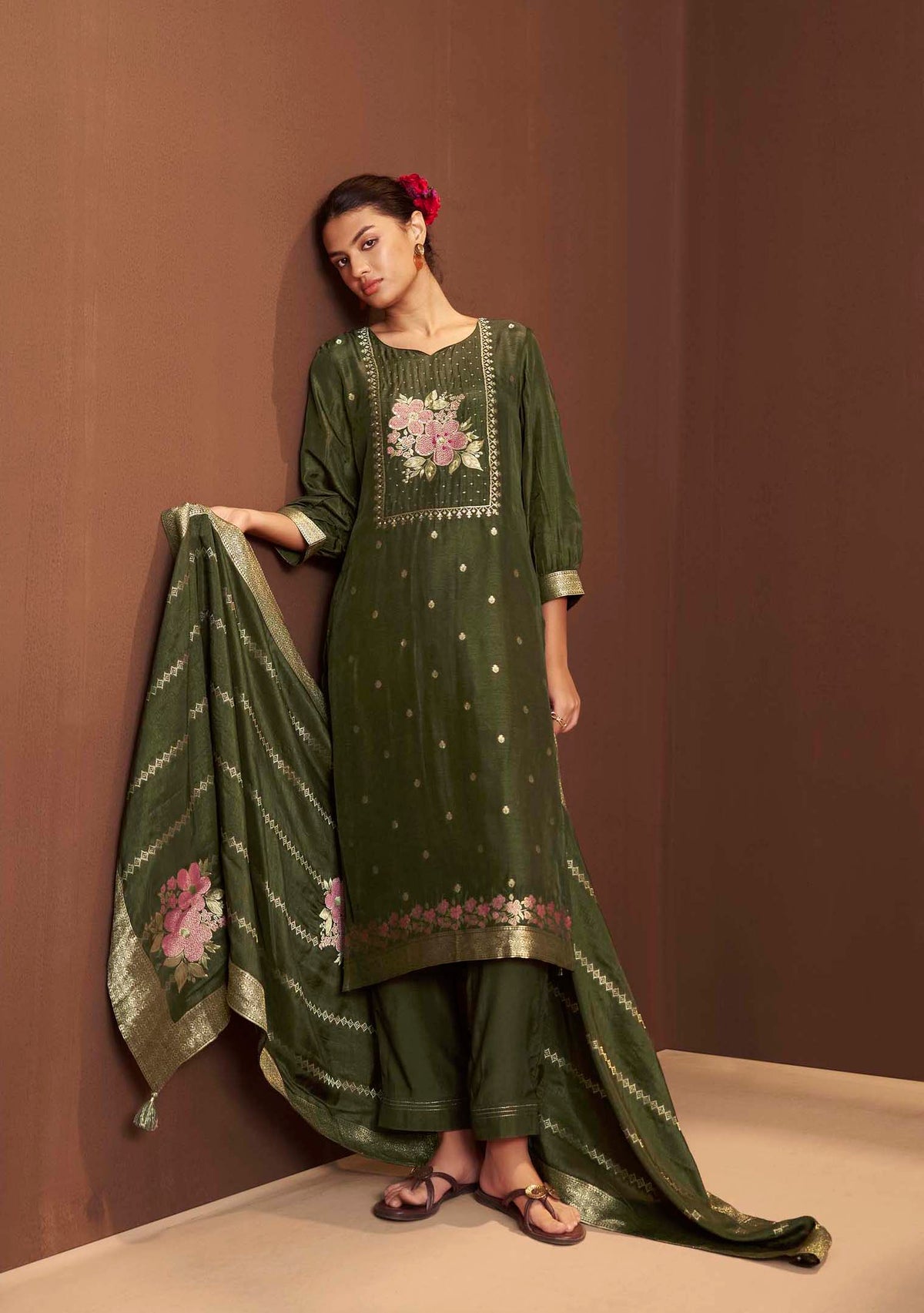 Saanjh Mehndi French-Knot Jacquard Kurta Set