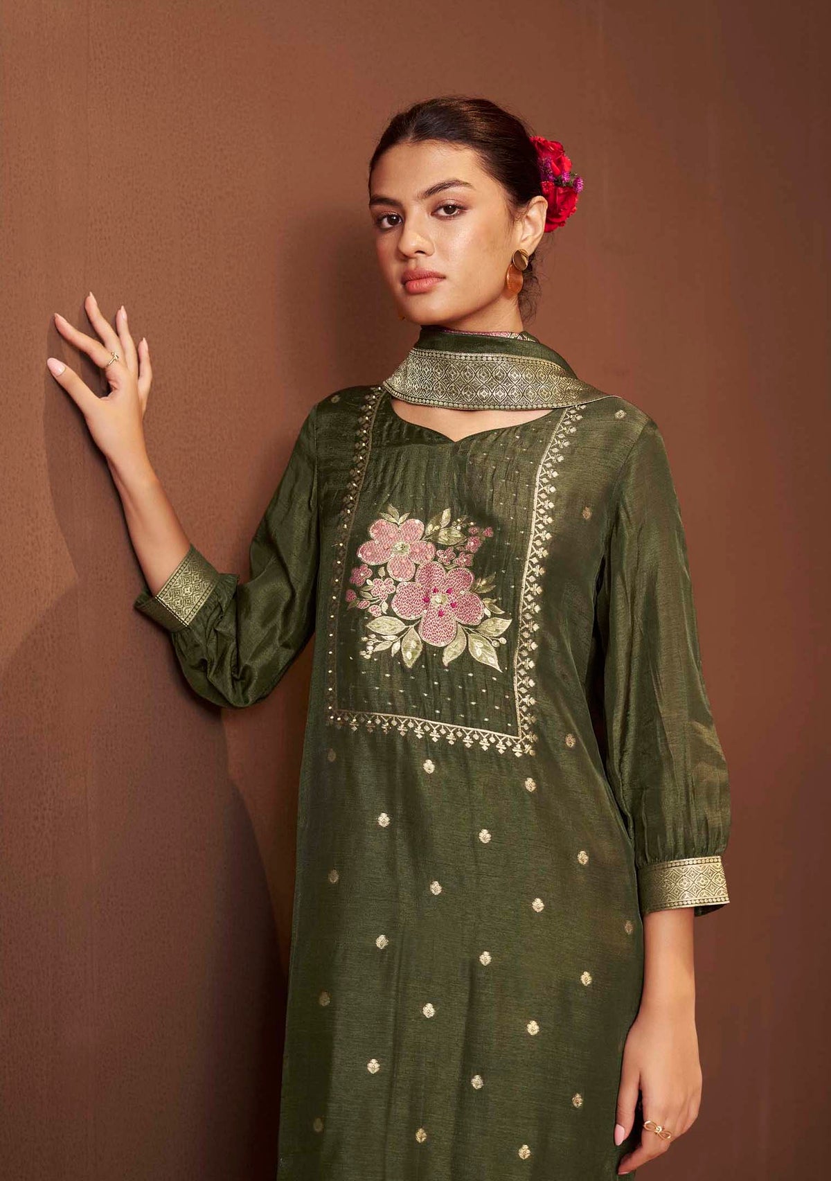 Saanjh Mehndi French-Knot Jacquard Kurta Set