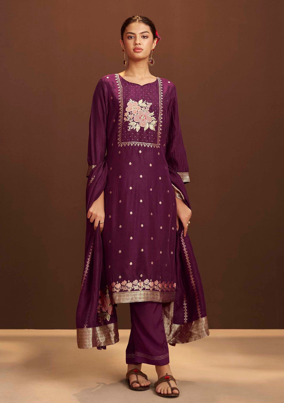 Ruhani Wine French-Knot Jacquard Kurta Set