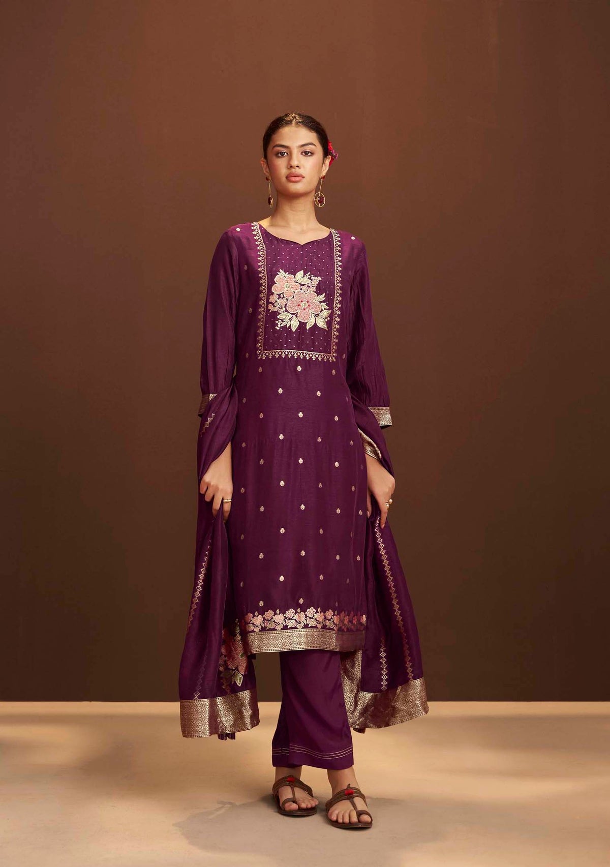 Ruhani Wine French-Knot Jacquard Kurta Set