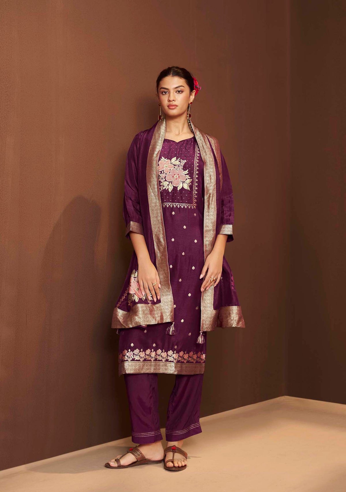 Ruhani Wine French-Knot Jacquard Kurta Set