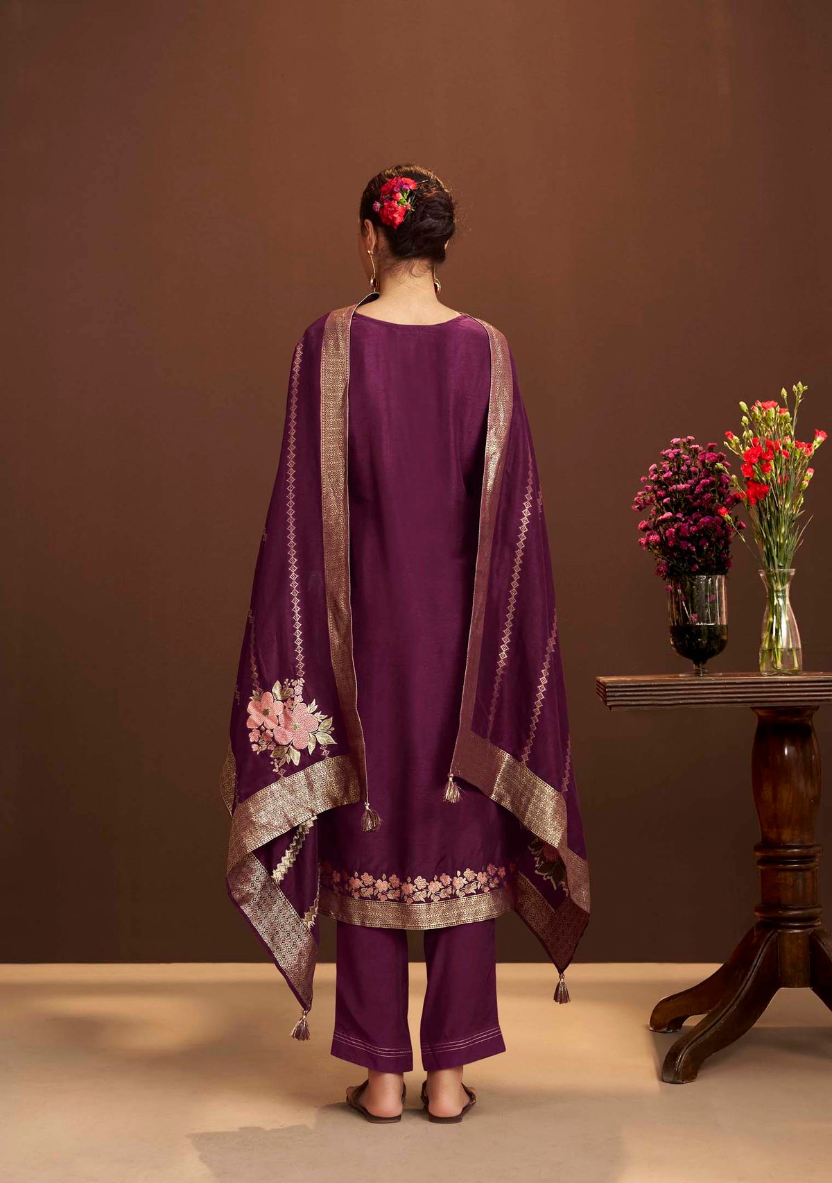 Ruhani Wine French-Knot Jacquard Kurta Set