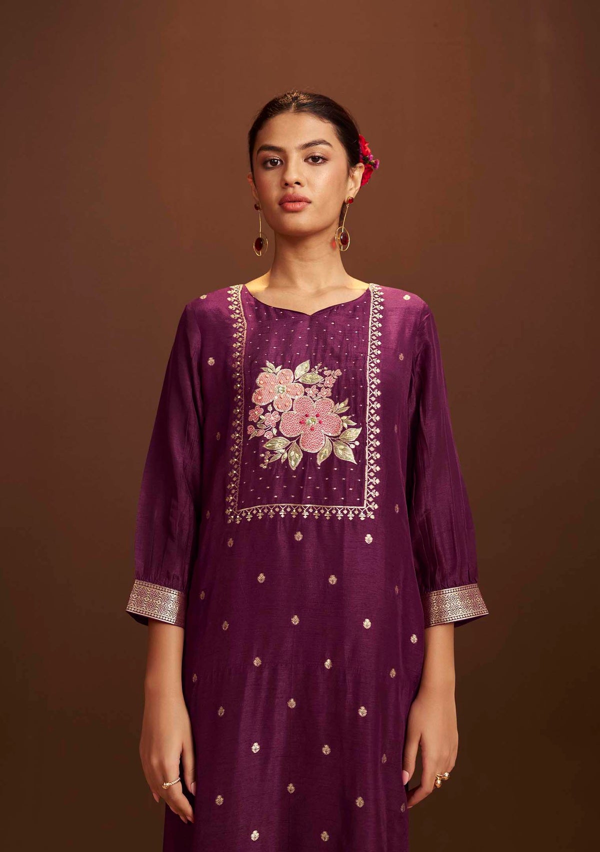 Ruhani Wine French-Knot Jacquard Kurta Set