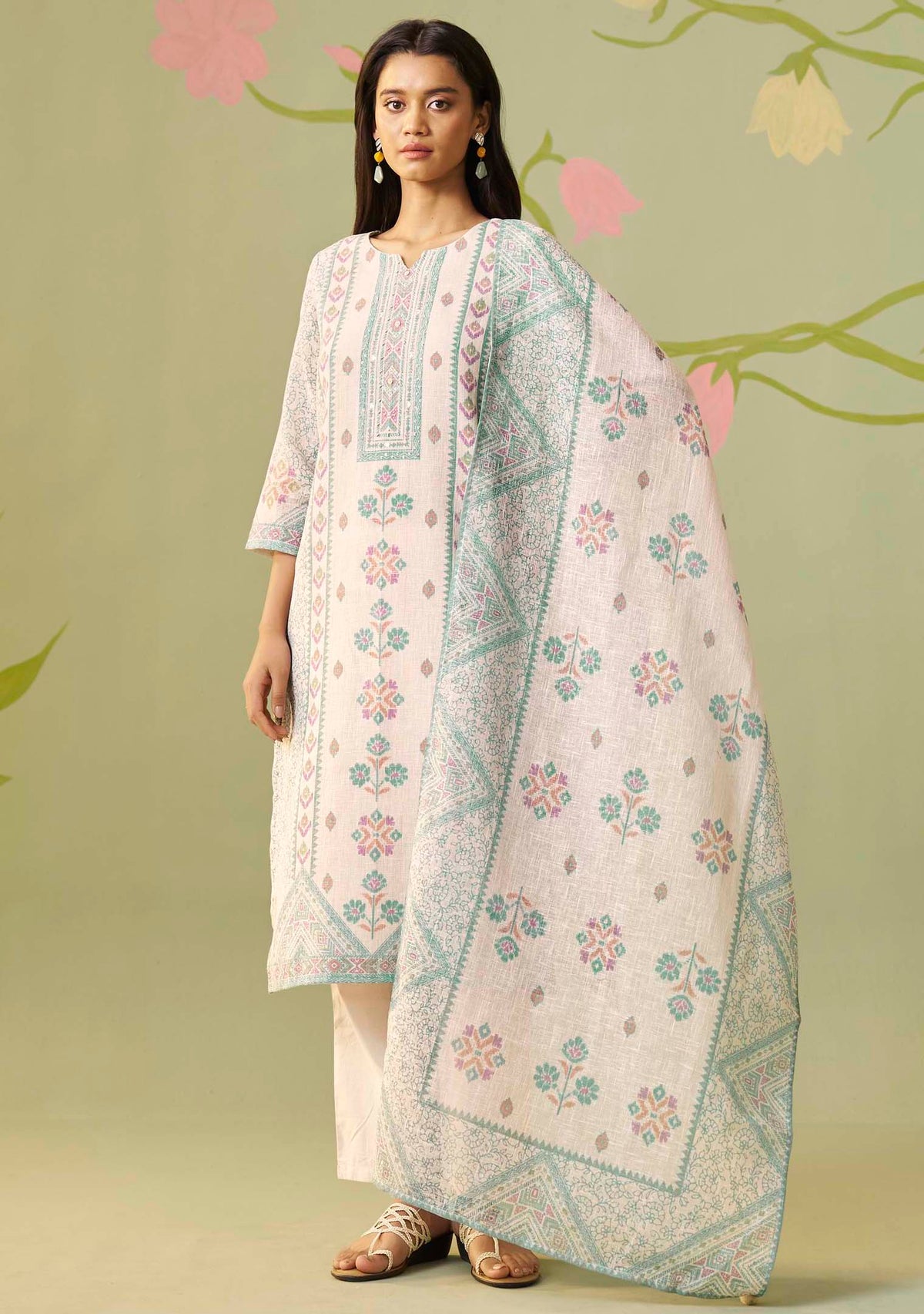 Sitara Cream Print & Handwork Kurta Set
