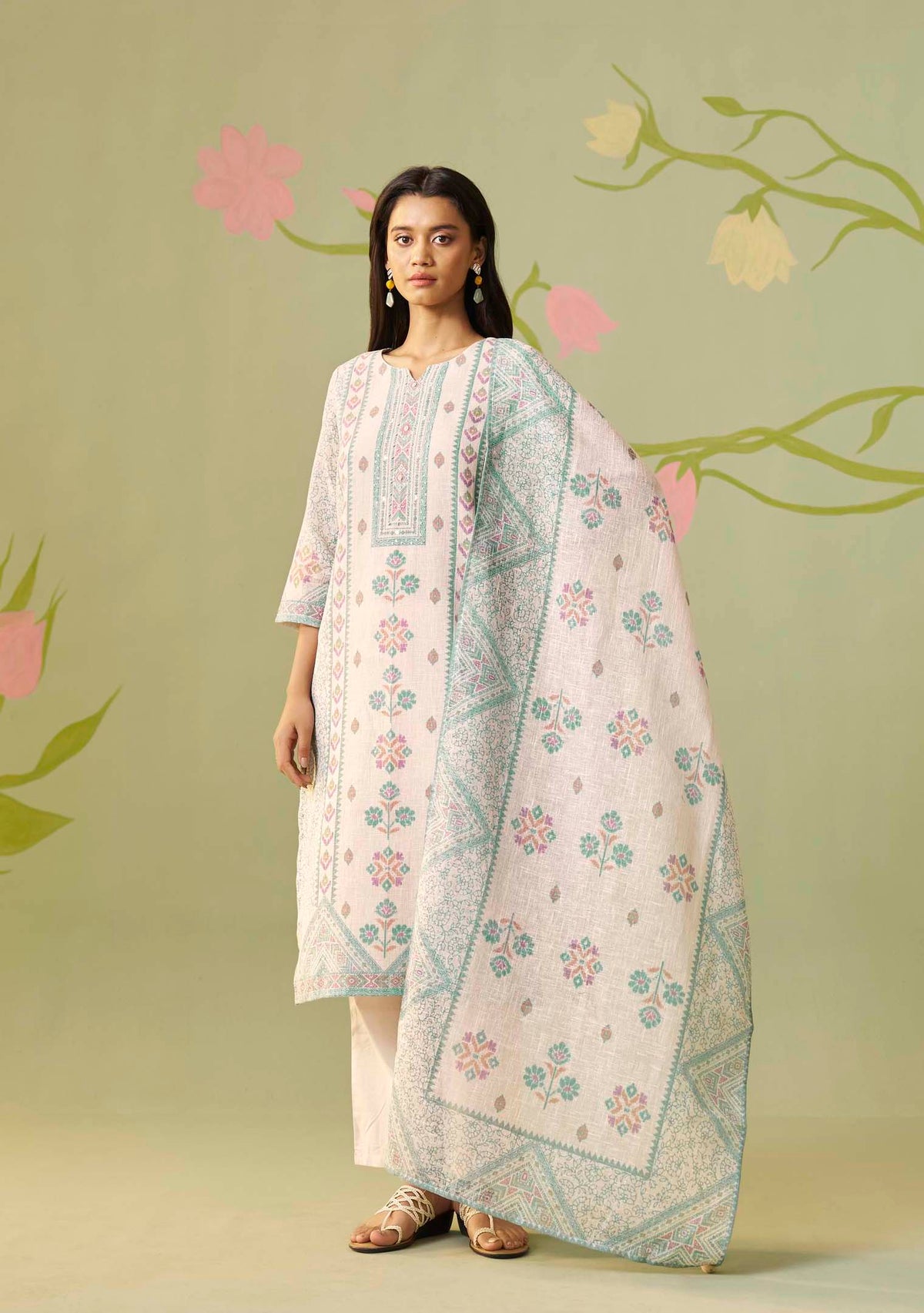 Sitara Cream Print & Handwork Kurta Set
